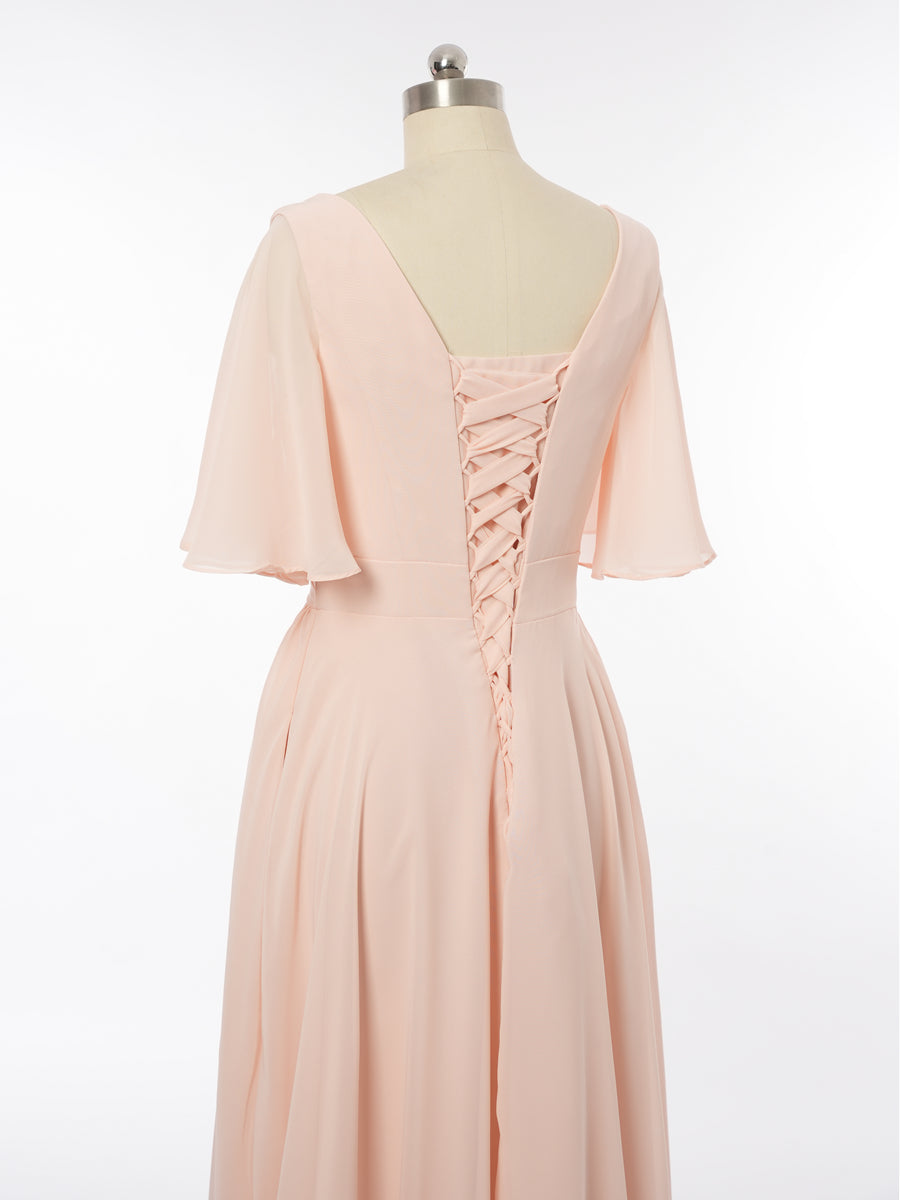 A-Line/Princess Scoop Short Sleeves Bridesmaid Dresses with Ruched