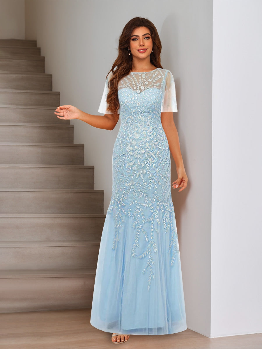 Trumpet/Mermaid Scoop Short Sleeves Evening Dresses with Applique