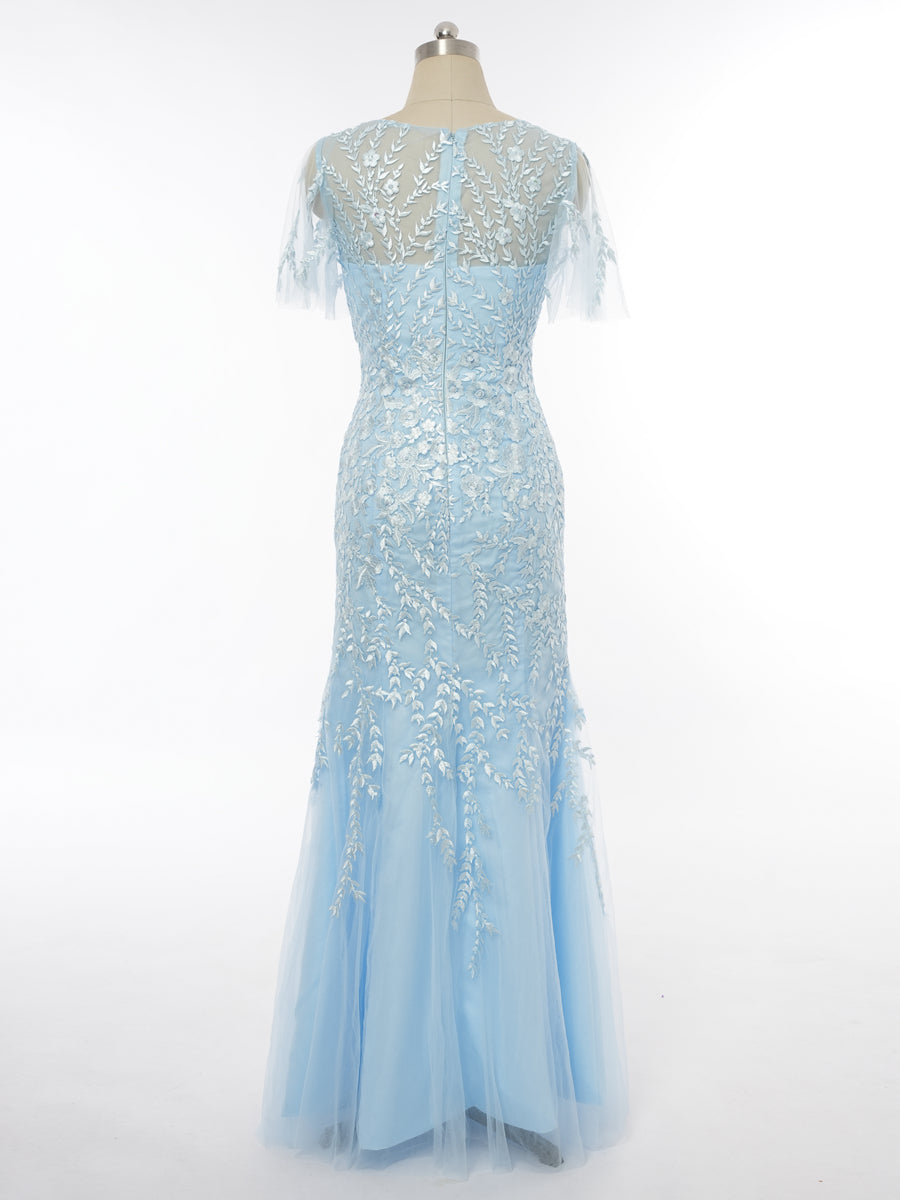 Trumpet/Mermaid Scoop Short Sleeves Evening Dresses with Applique