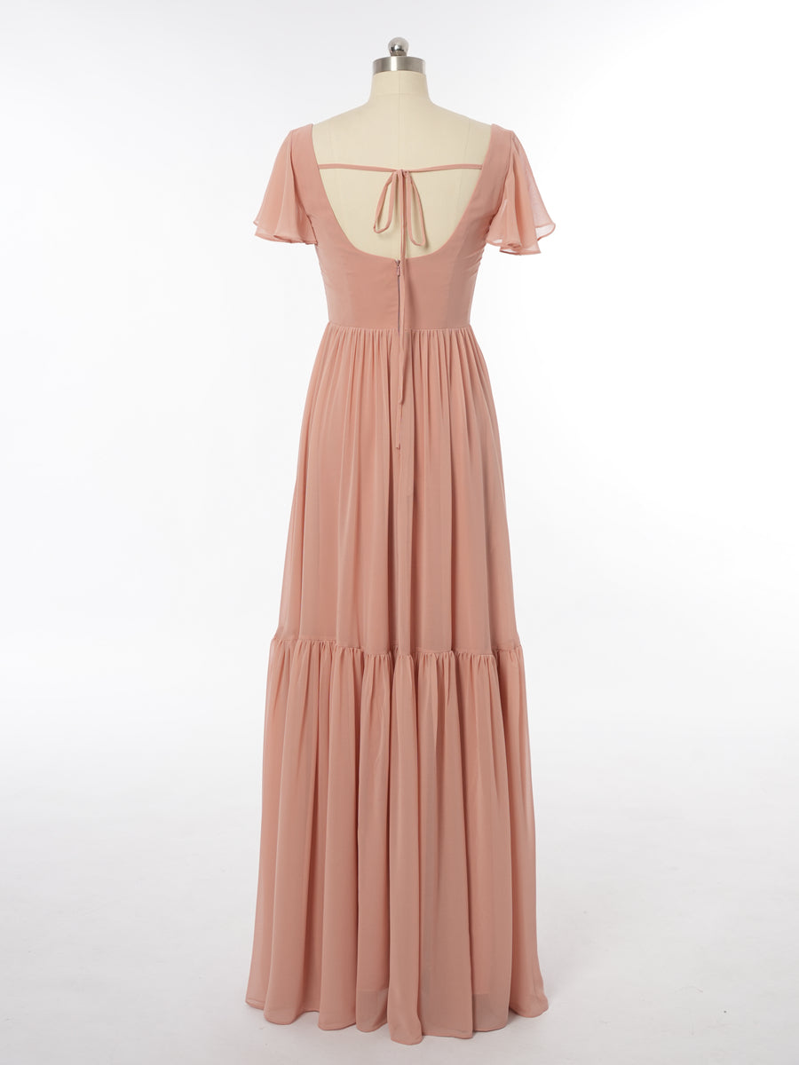 A-Line/Princess Scoop Short Sleeves Bridesmaid Dresses with Split Side