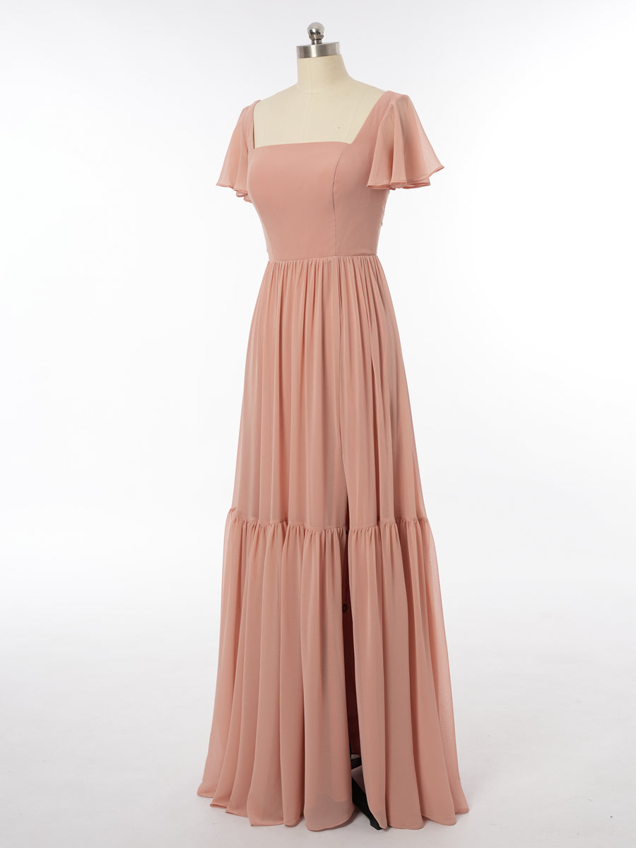 A-Line/Princess Scoop Short Sleeves Bridesmaid Dresses with Split Side