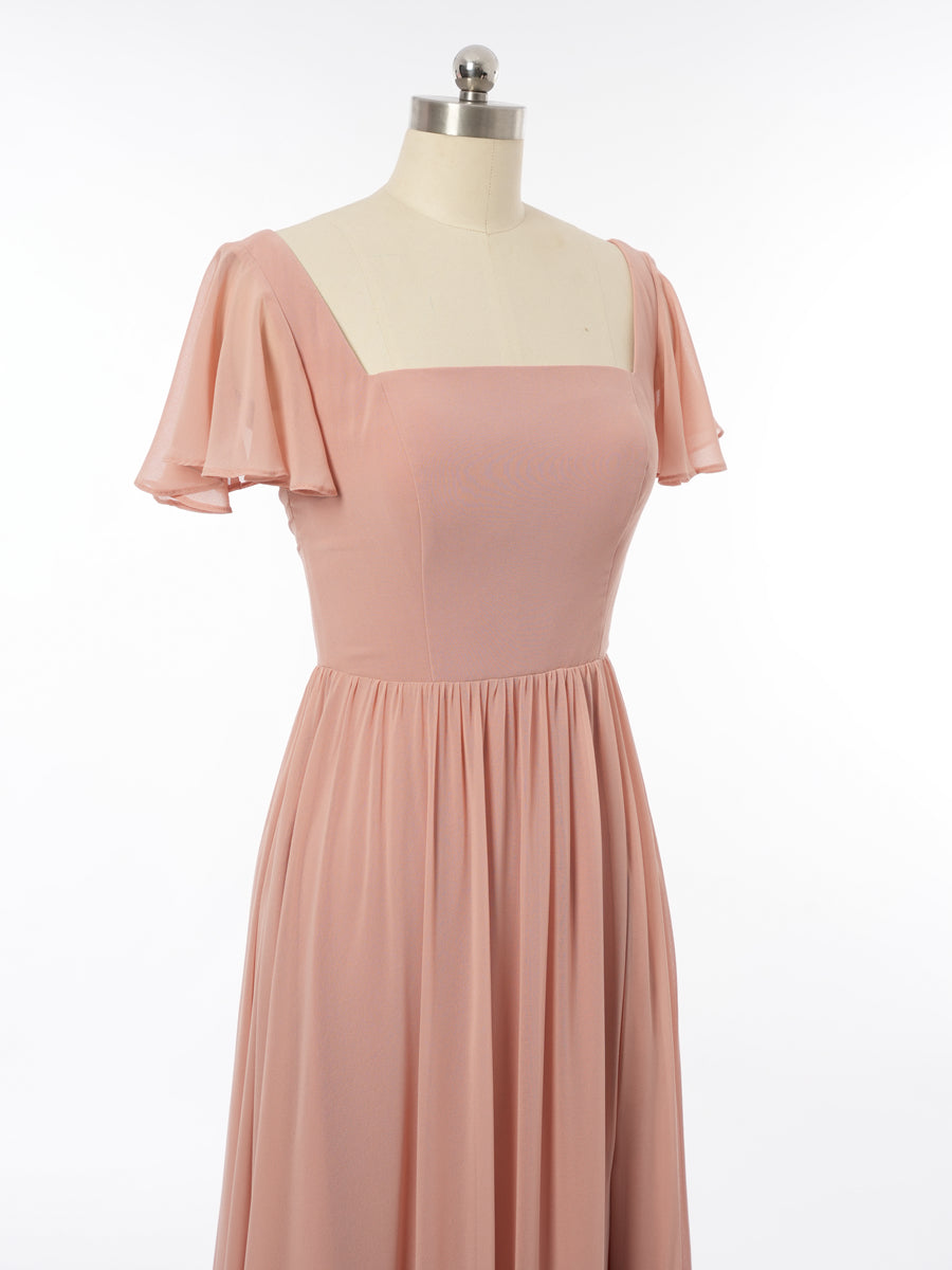 A-Line/Princess Scoop Short Sleeves Bridesmaid Dresses with Split Side