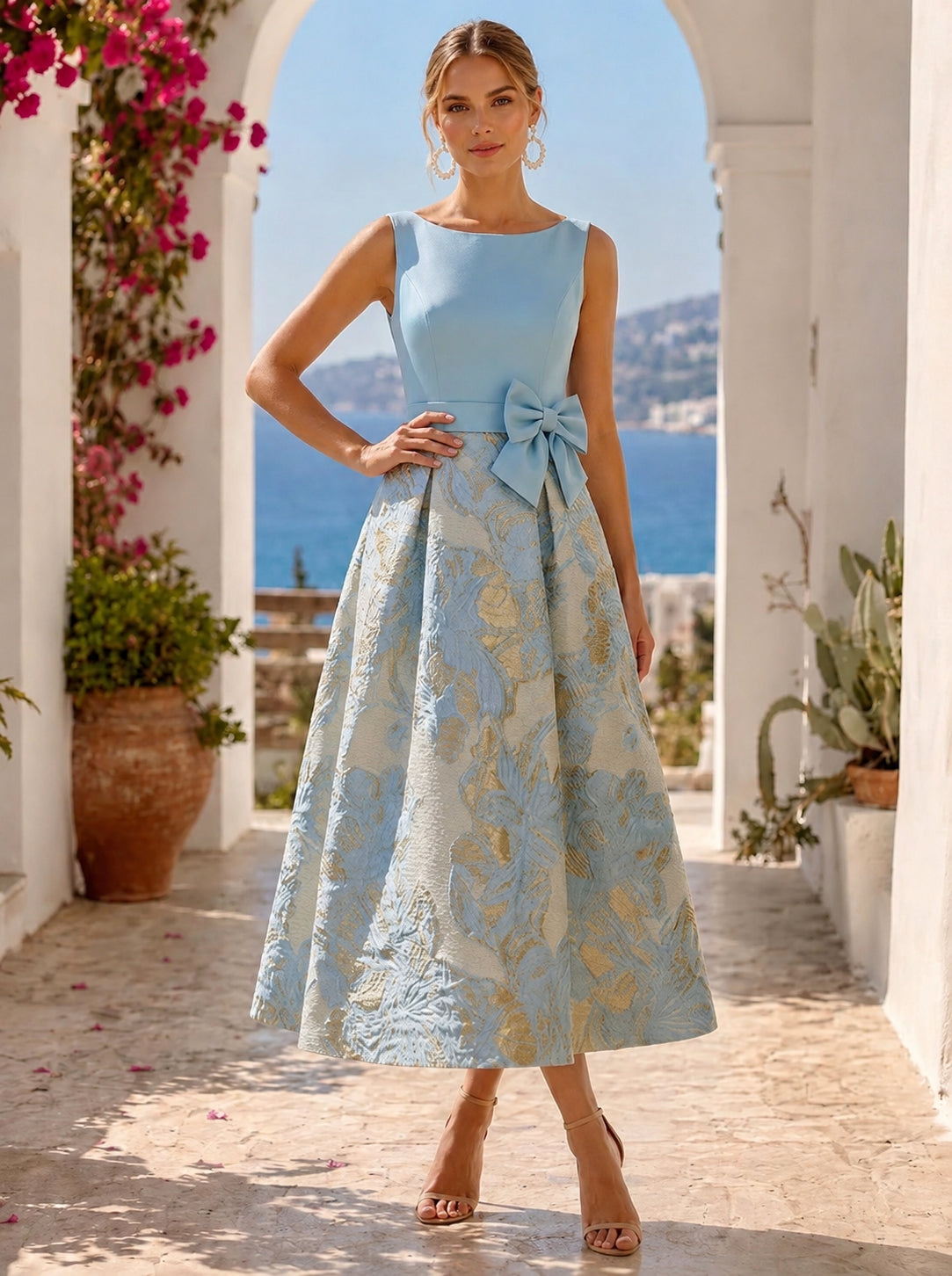 Nafori Dusty Blue A-Line Cocktail Dress Jacquard Satin Bateau Neck Sleeveless Formal Elegant Dress Tea-Length Sash With Bow Zipper Wedding Guest 2026