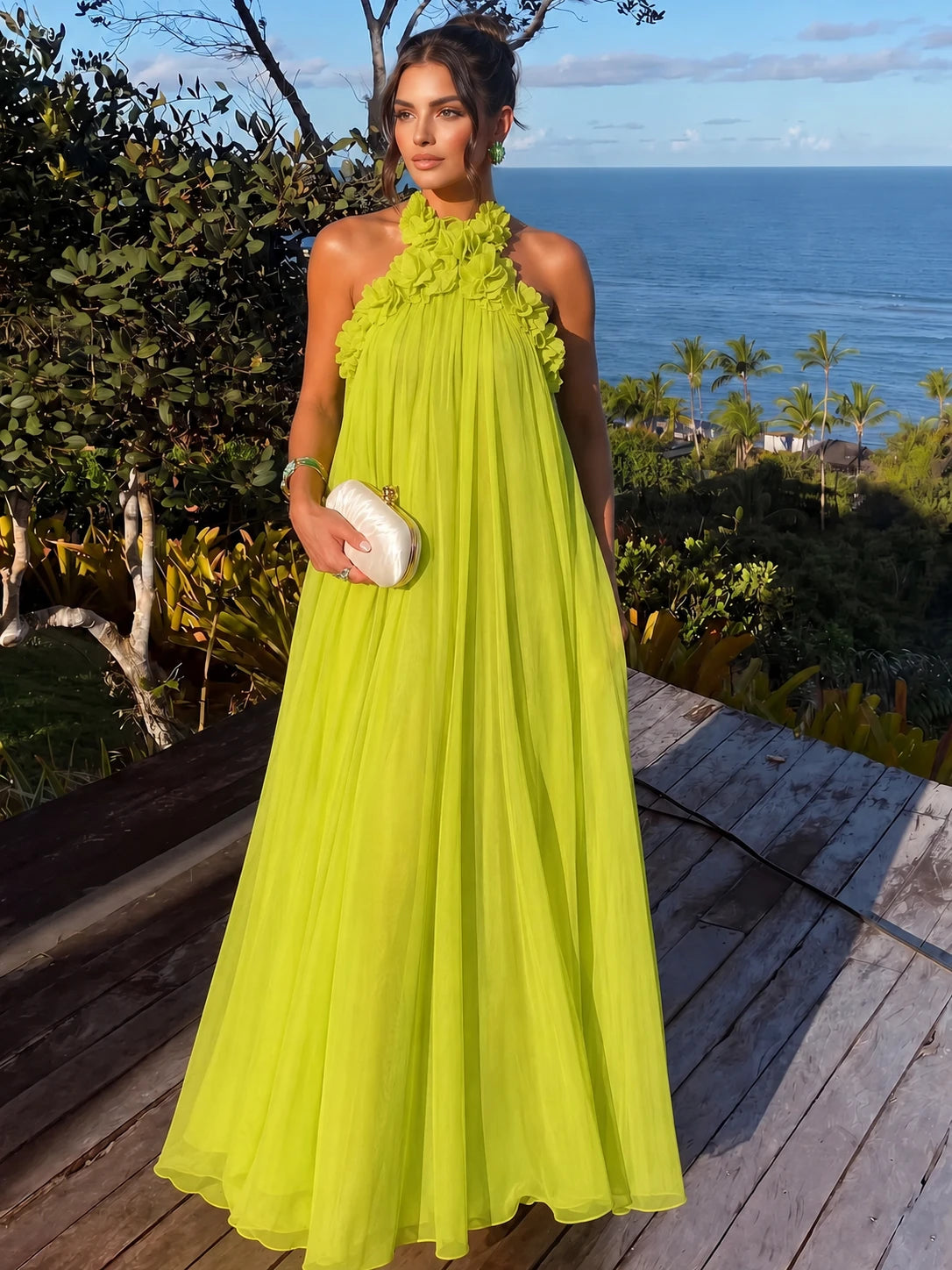 formal tent dress A-Line/Princess Dresses Chiffon Halter With 3D Flowers Sleeveless Floor-Length Pleated Dresses color:YELLOW - GOLD and 2 other file spring collection Elegant Solid Polka Dot