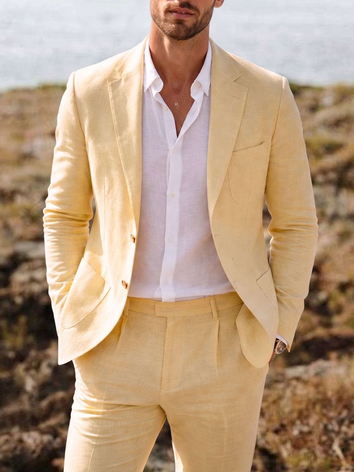 Men's Linen Suits Beach Wedding Suit Solid Colored Standard Fit 2 Piec