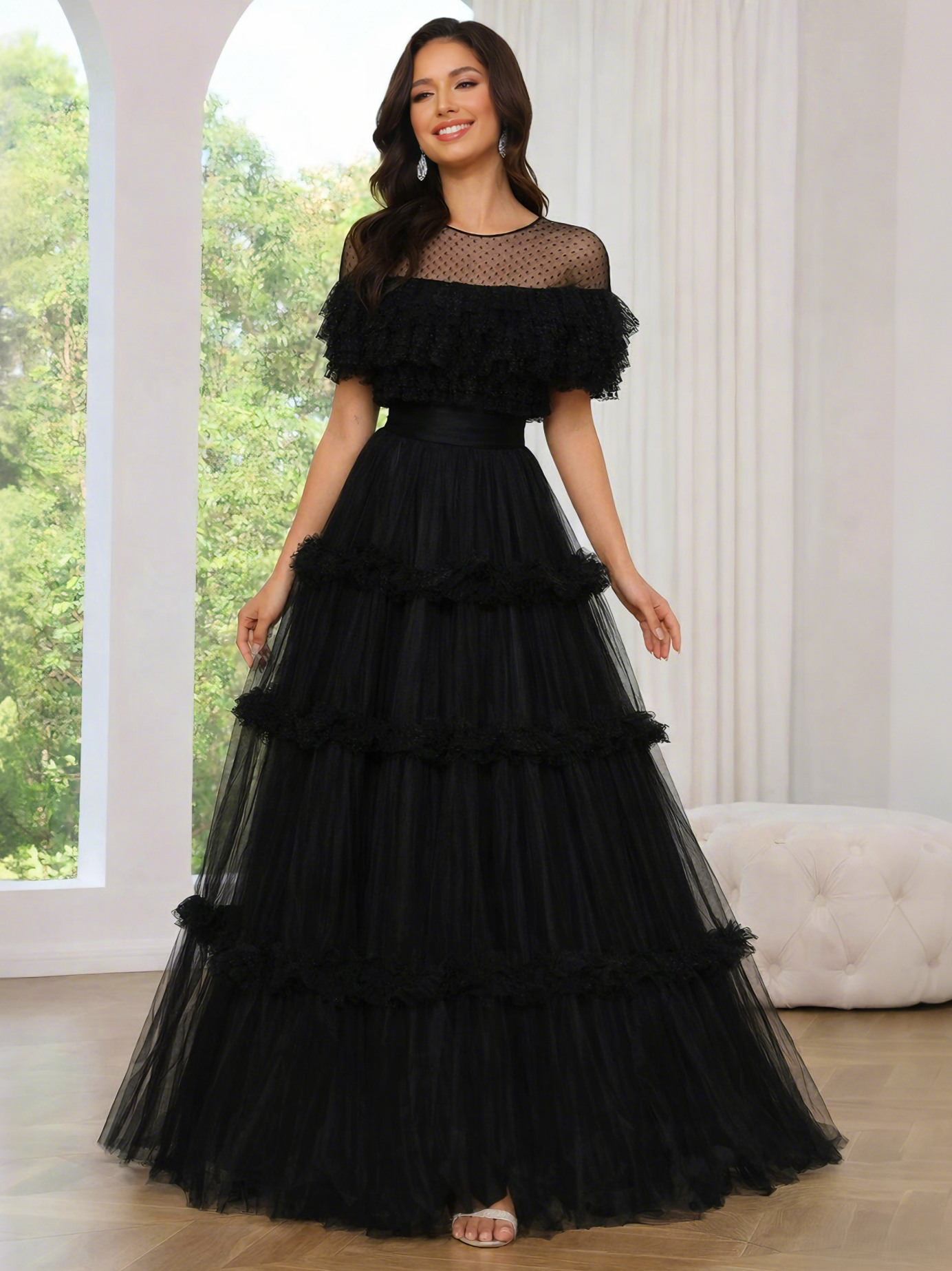 chinese dress ladies A-Line/Princess Black Prom Dresses Sheer Neck Long Formal Dresses Laye