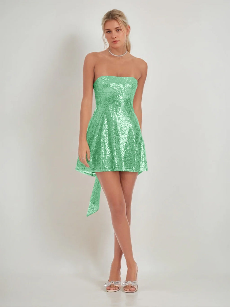 A-Line/Princess Sequined Strapless Sleeveless Short/Mini Homecoming Dresses with Back Bow