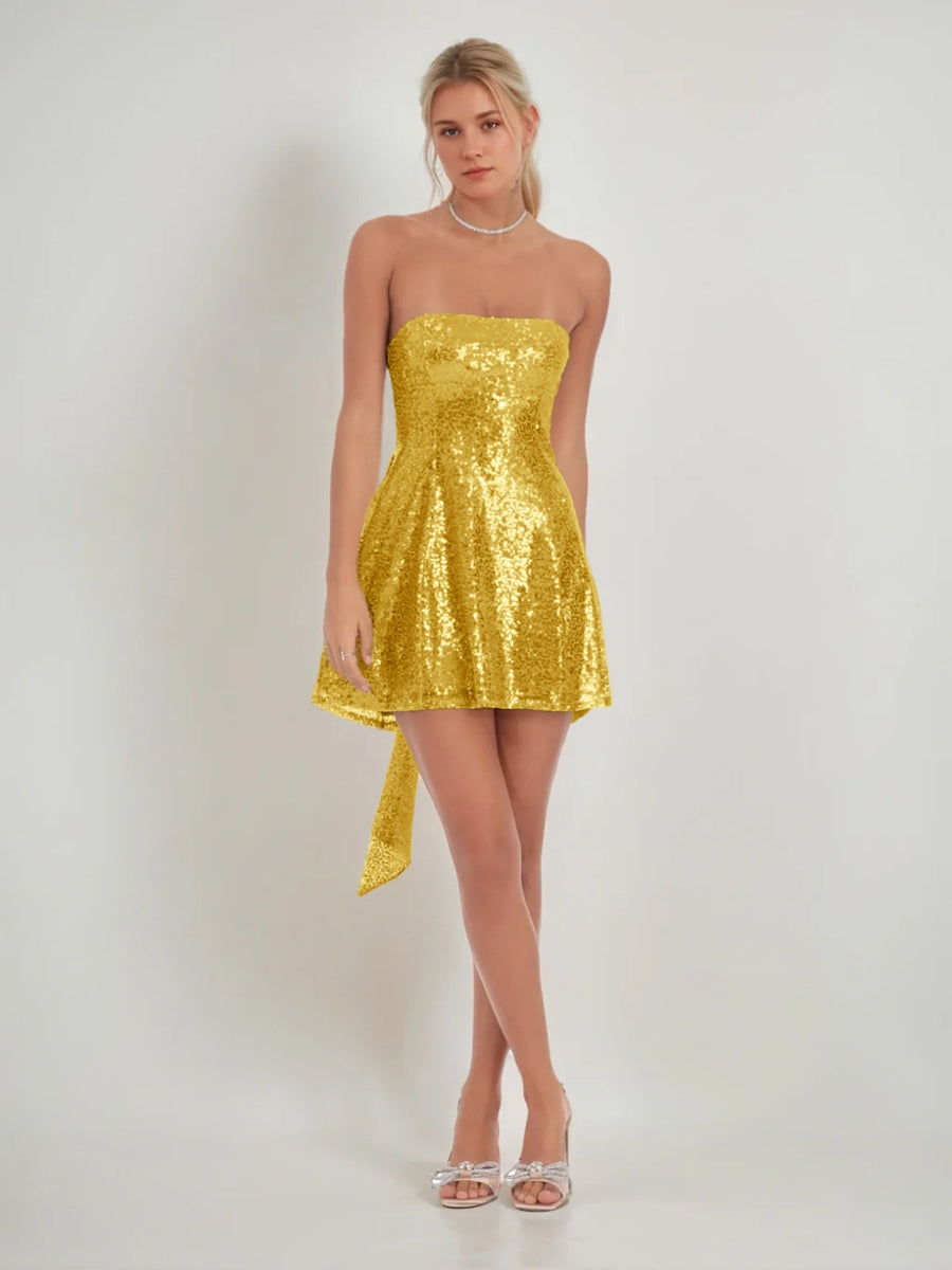 A-Line/Princess Sequined Strapless Sleeveless Short/Mini Homecoming Dresses with Back Bow