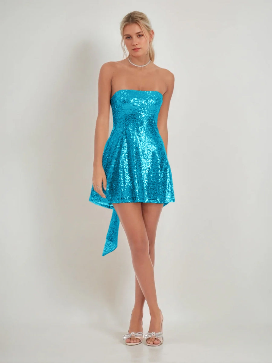 A-Line/Princess Sequined Strapless Sleeveless Short/Mini Homecoming Dresses with Back Bow