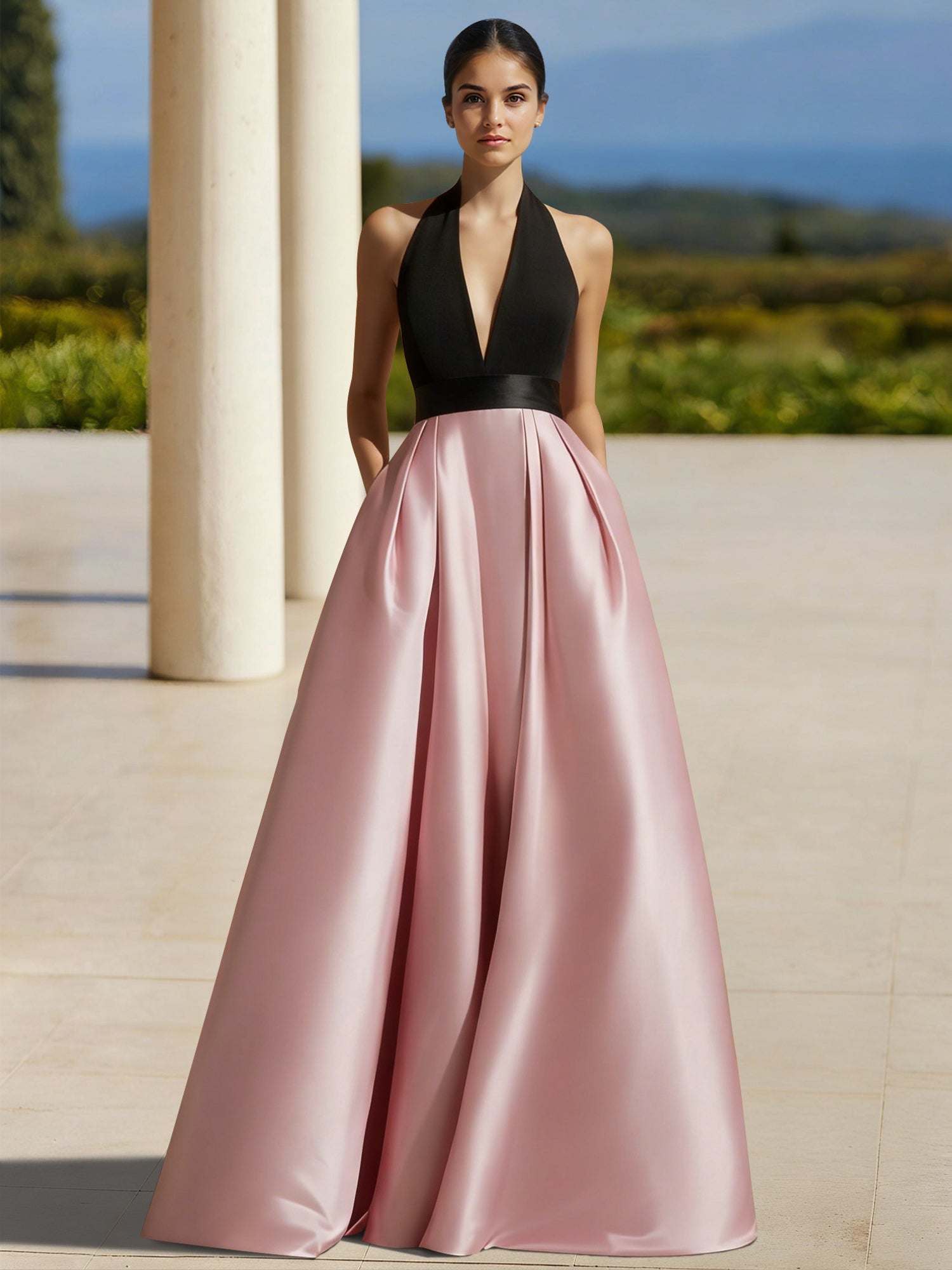 A-Line Evening Gown Colorblock Formal Dress Floor Length Sleeveless Ha