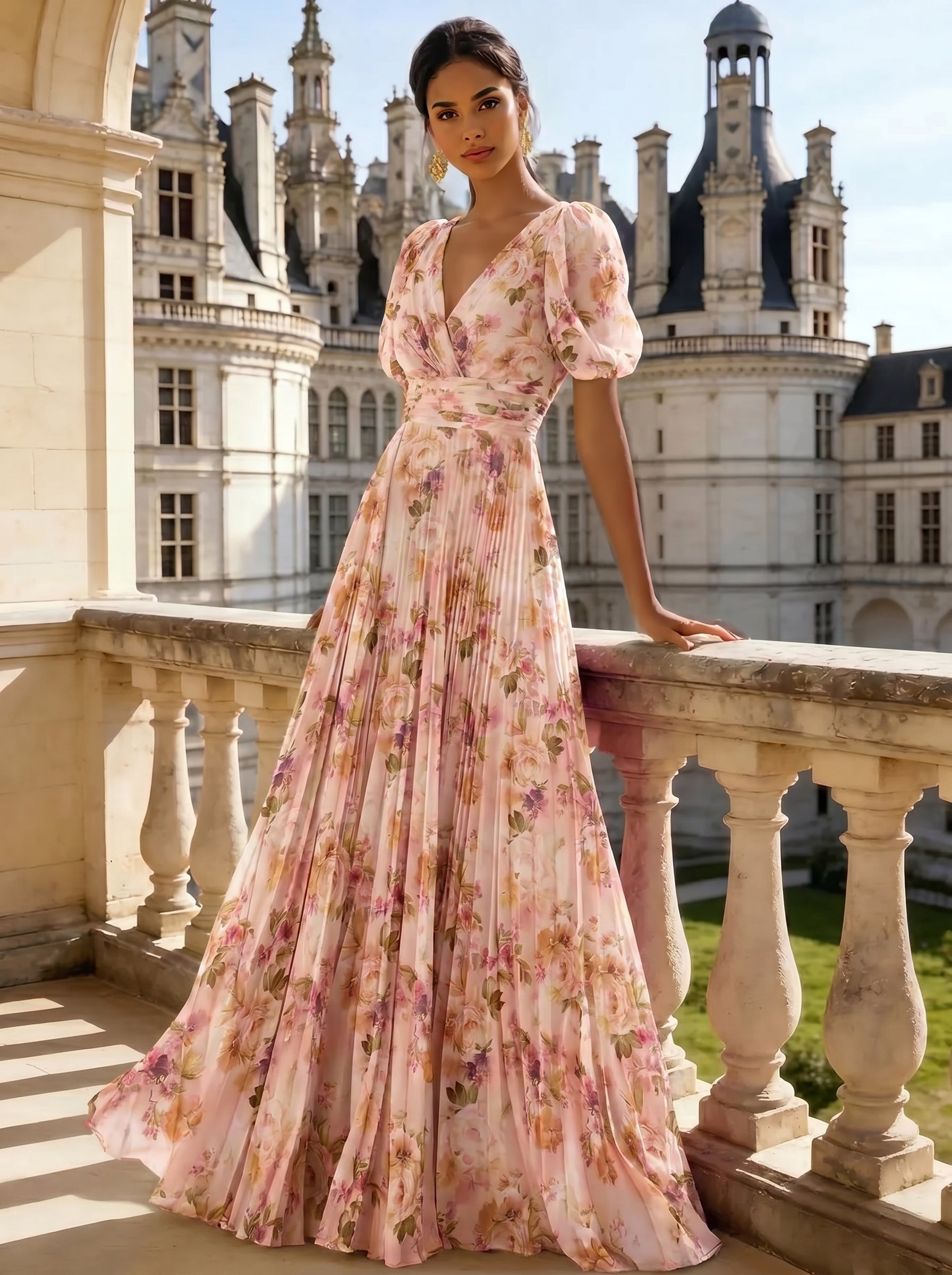 Nafori Pink A Line/Princesses Evening Dresses Ruched Floral Chiffon Lantern Sleeves Floor-Length Pleated Formal Dress Wedding Guest Dresses 2026