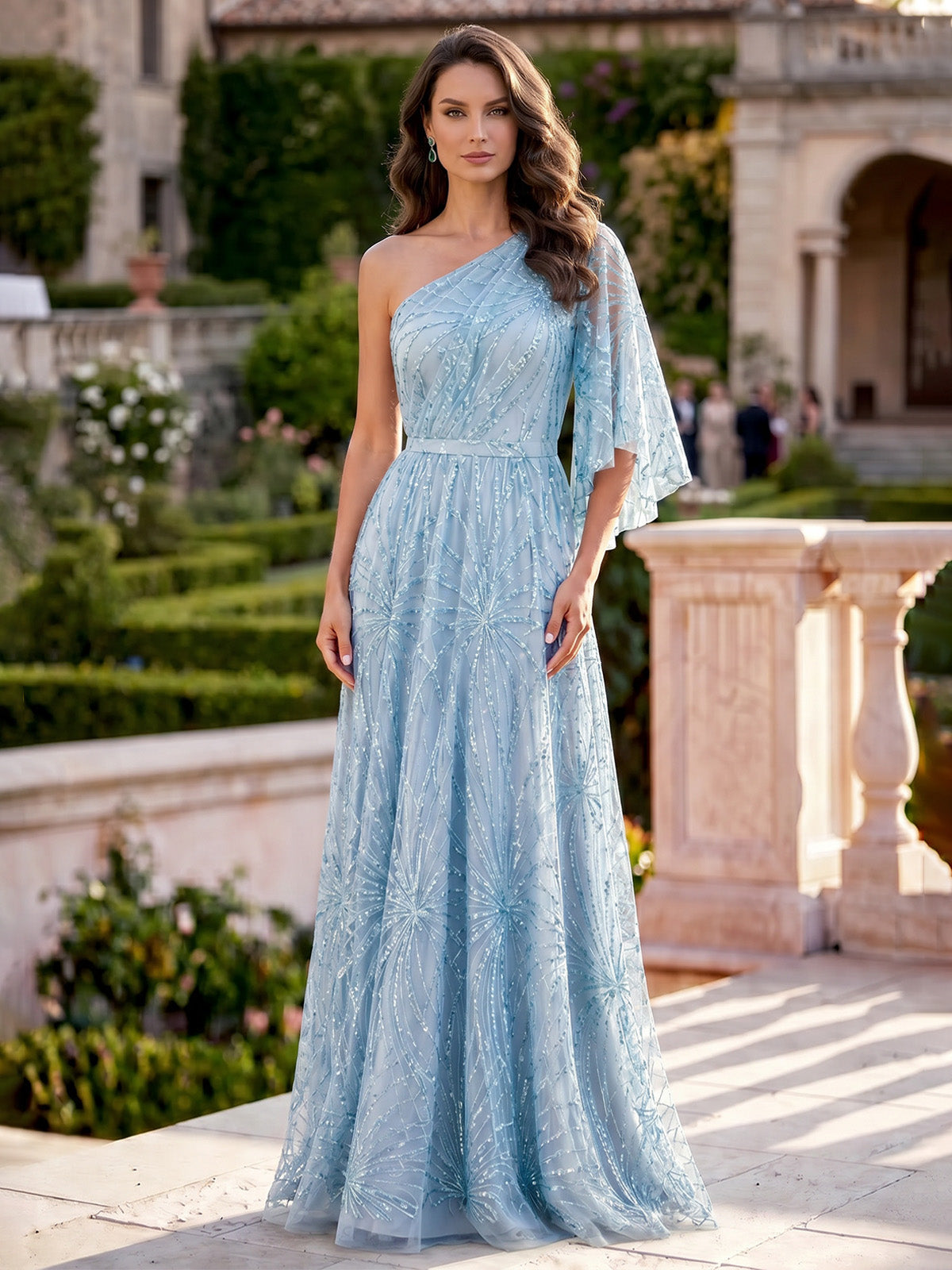 evening summer dresses Nafori Blue A-Line/Princess Chiffon Pleated Floor-Length One-Shoulder 1/2 Sleeve Sequins Sash Zipper Dresses 2026 🐸Princess Tiana outfit tutorial Color:beige as picture Nafori showcases our 2026 WNN_MPN:6HRG816H856P78