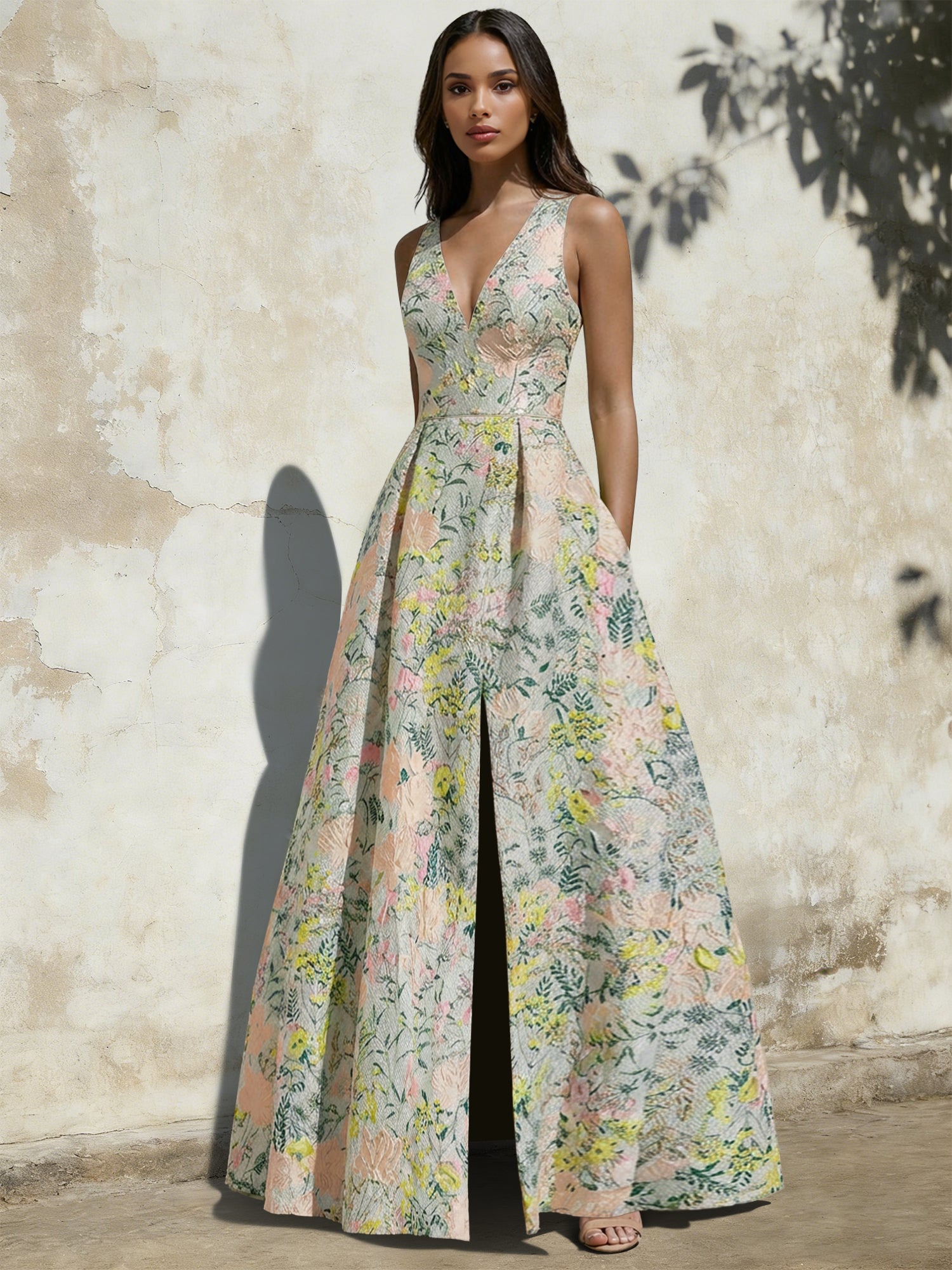A-Line Evening Gown Elegant Jacquard Floral Dress Prom Floor Length Sl