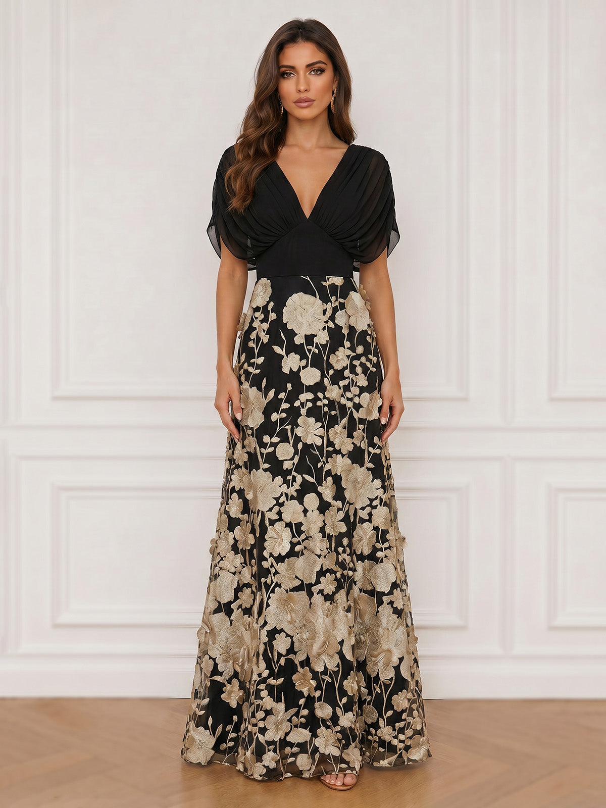 Nafori Black A-Line Evening Dresses Appliques Satin V-Neck Detail Loose Sleeves With Ruched Floor-Length Zipper Floral Elegant Formal Dress 2026
