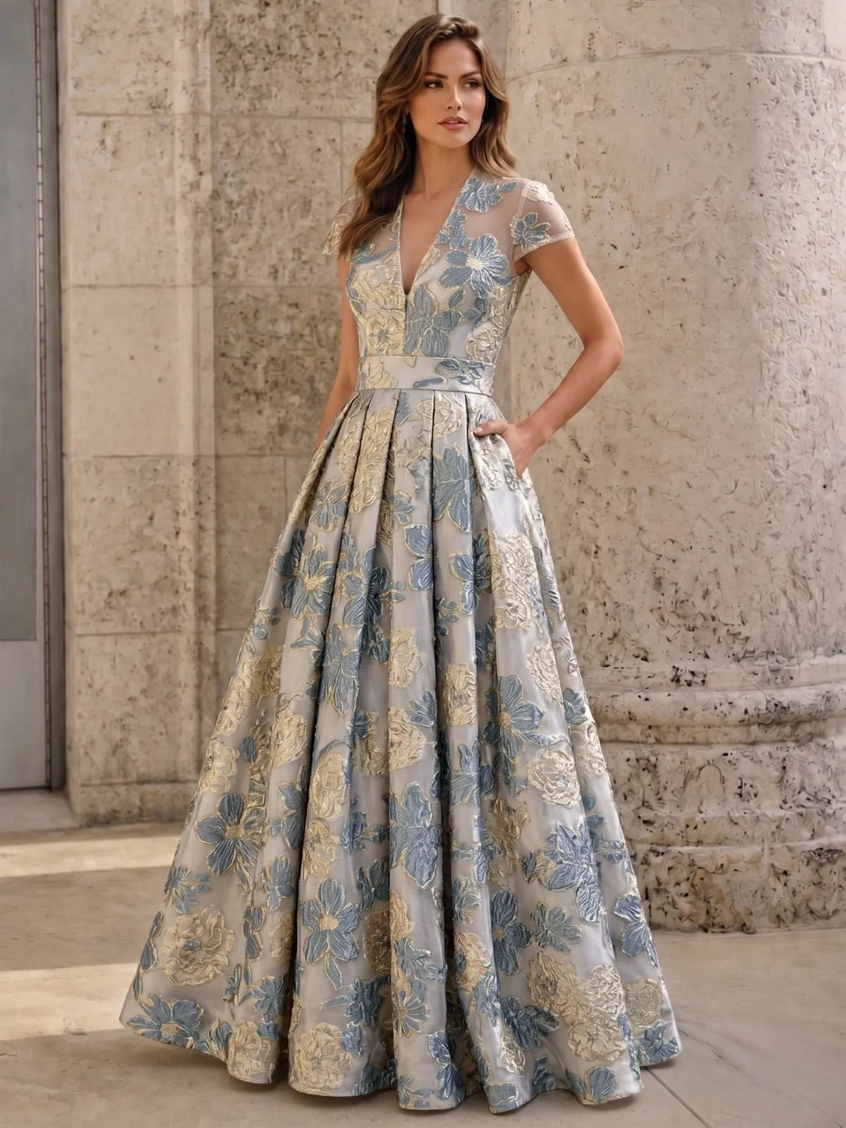 Nafori Dusty Blue A-Line Evening Gown Elegant Floral Dress Cape Sleeve Jacquard Satin Ruched Mother of the Bride Dresses 2026