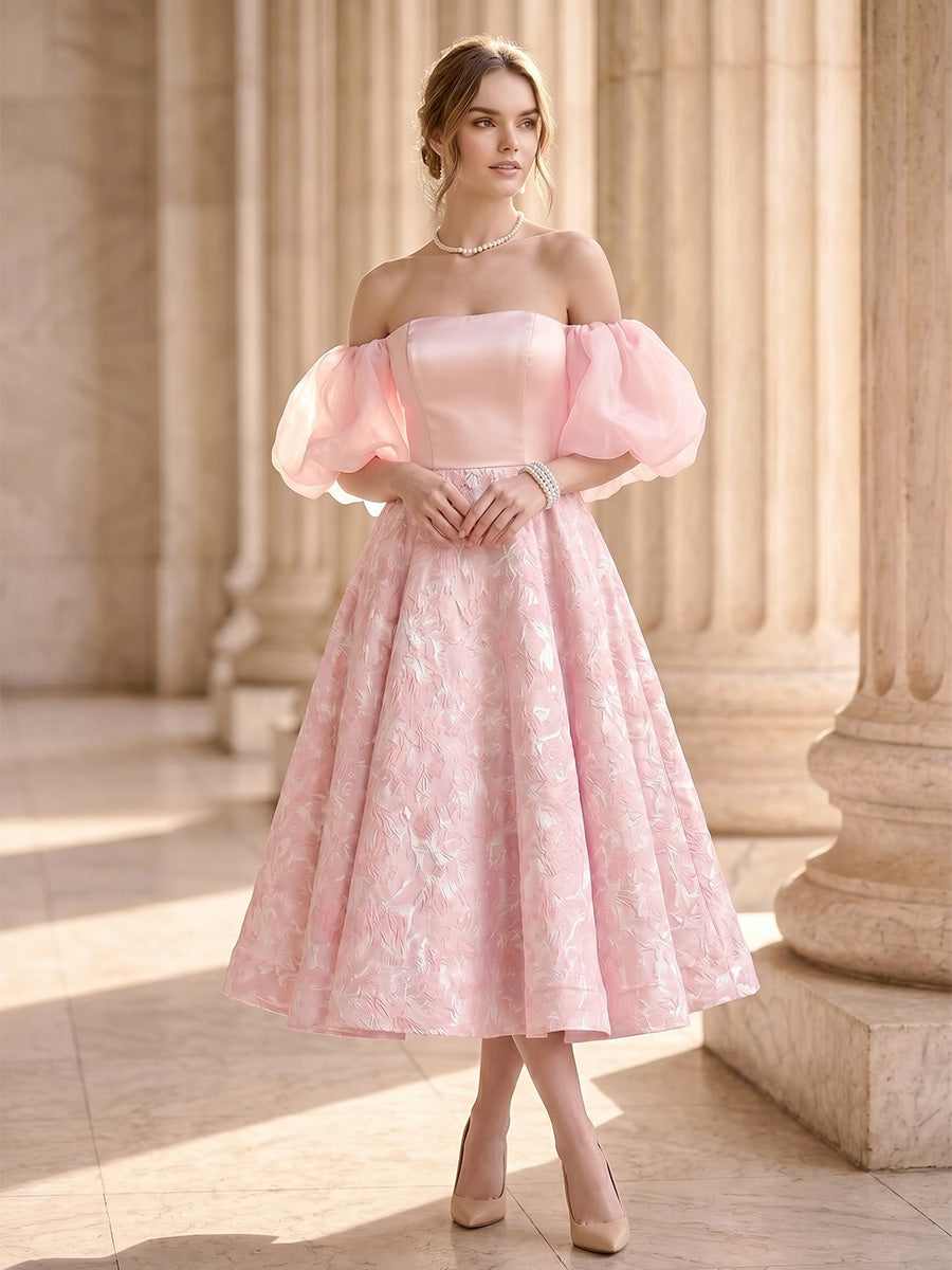 Nafori Pink A-Line/Princess Elegant Cocktail Dresses Jacquard Satin Off-The-Shoulder 1/2 Sleeves Tea-Length Strapless Zipper Wedding Guest 2026