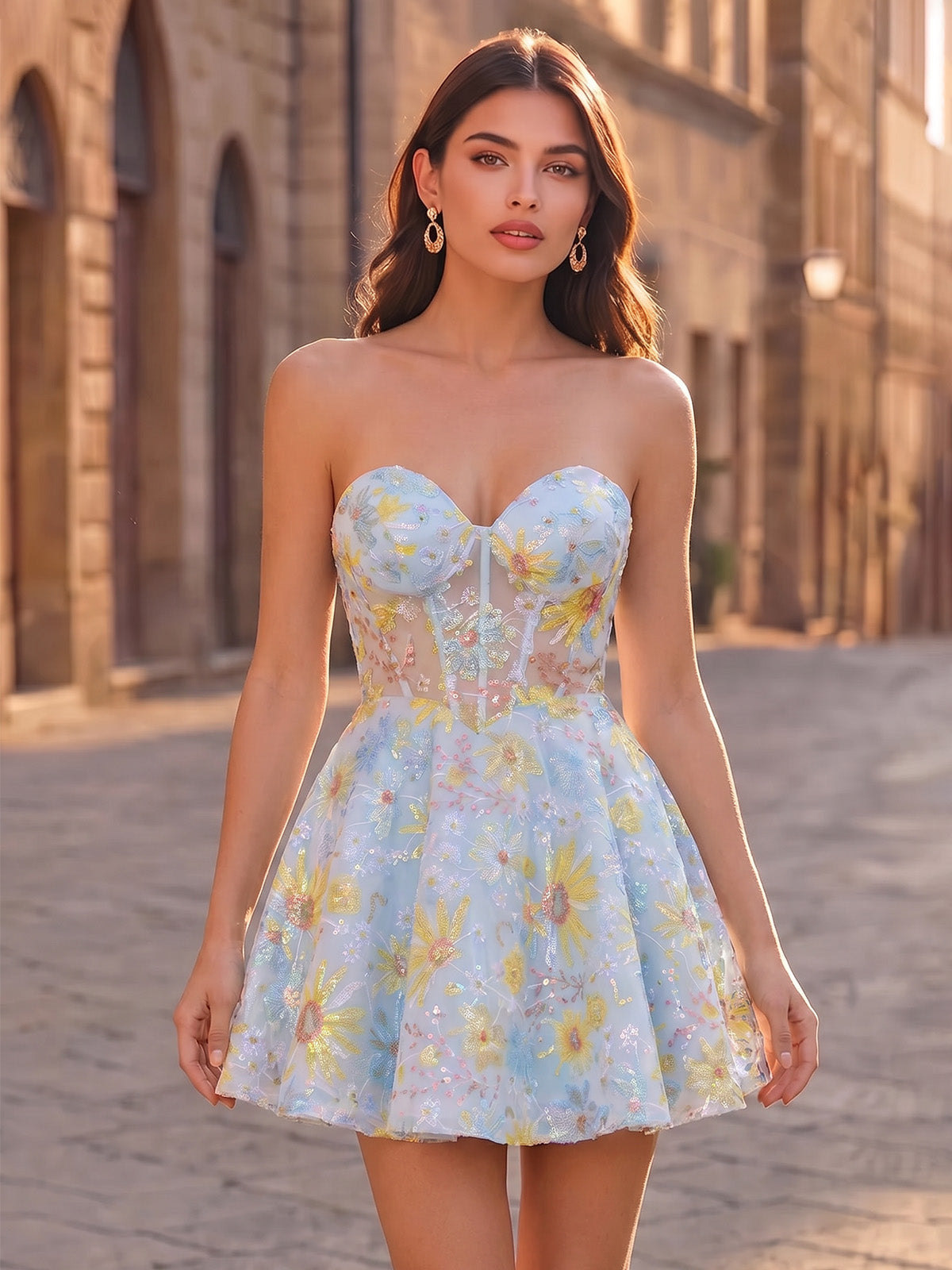 Nafori Light Blue A-Line/Princess Homecoming Dresses Floral Embroidery Beads Strapless Sweetheart Sleeveless Short Illusion Corset Bodice Zipper