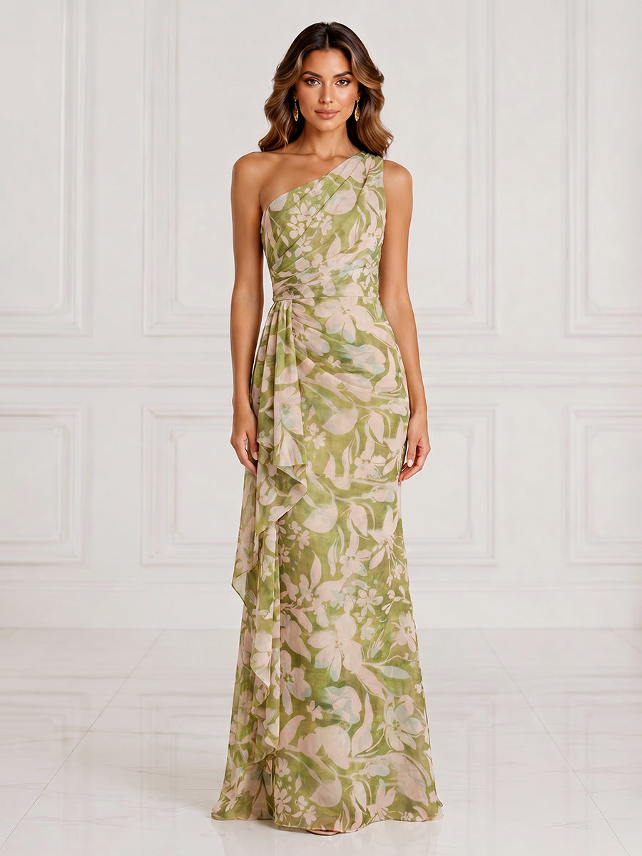 chiffon dresses summer Nafori Sage Sheath/Column Formal Printed Ruched One-Shoulder Floor-Length Sleeveless Ruffles Wedding Guest Dresses Dresses 2026 Brown Girls Good Prom Crafted with a daring Collection:Workwear Dresses SIZE:15