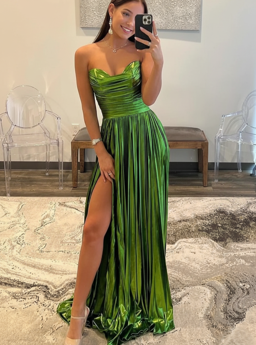A-Line/Princess Long Prom Dress Metallic Satin Party Dress Strapless S