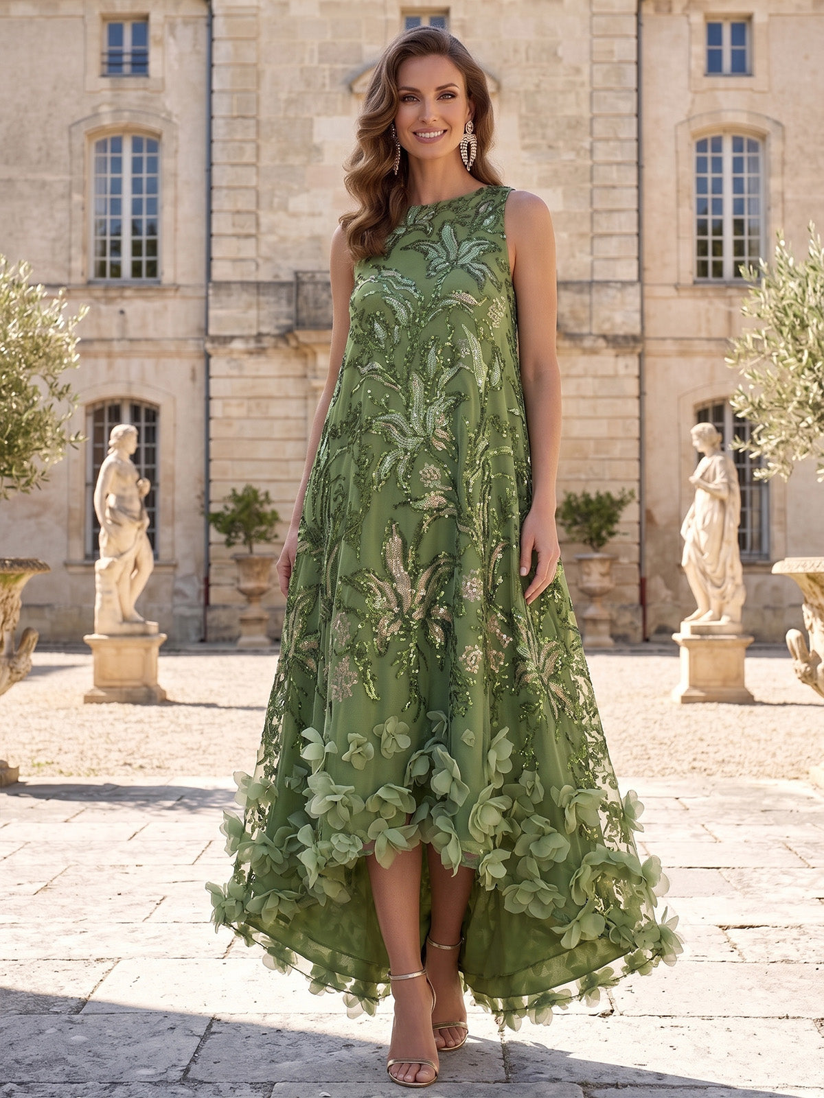 tent dress formal Nafori Olive Green A-Line/Princess Evening Dresses Dresses Sequined Embroidery 3D Floral Appliques Bateau Neck Sleeveless Asymmetrical _tab_ashlyn Material:COTTON and shoulder ties with Arabelle Hi-Low Patchwork Floral