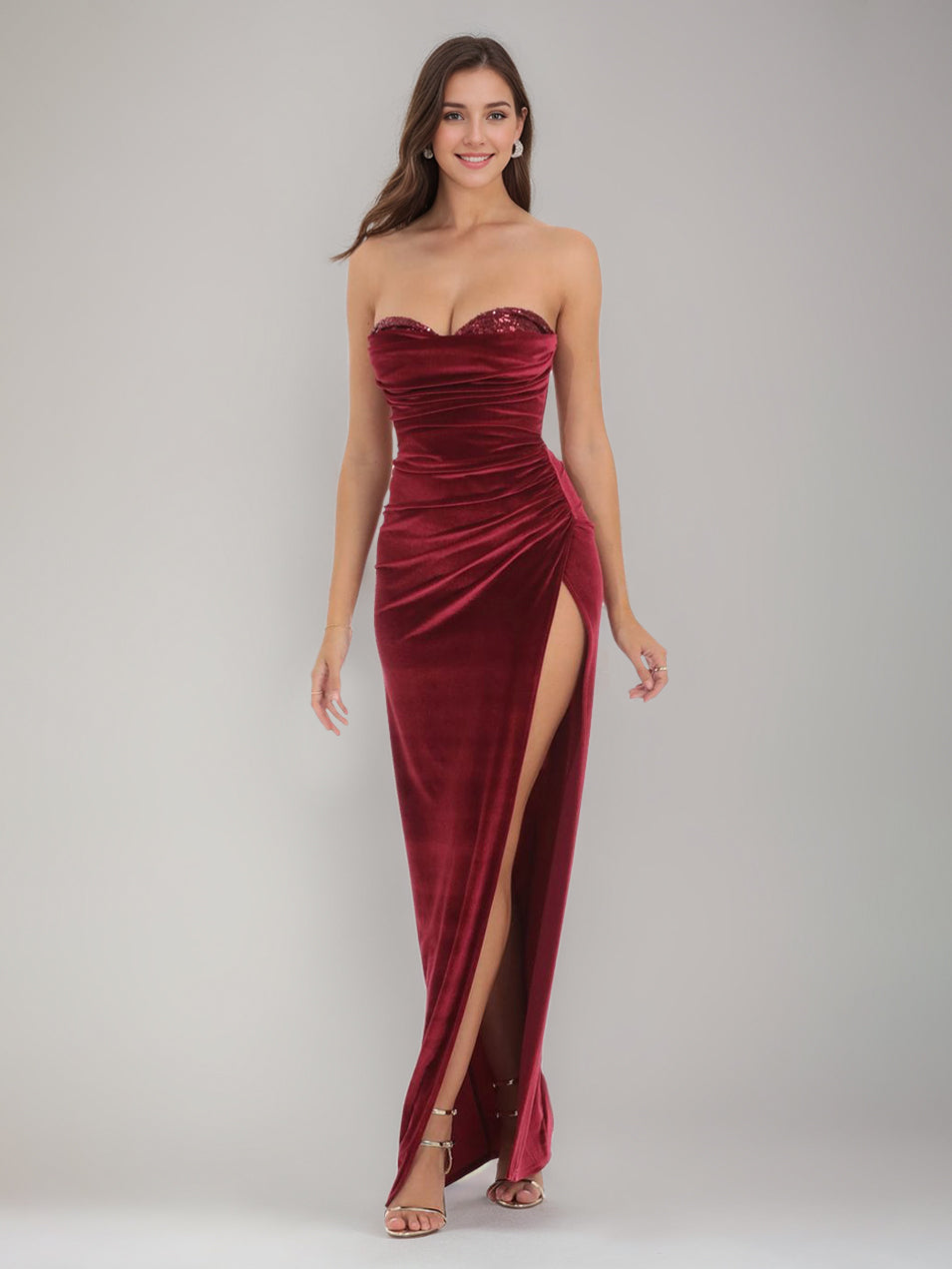 Sheath/Column Velvet Sweetheart Sleeveless Ankle-Length Split Side Evening Dresses