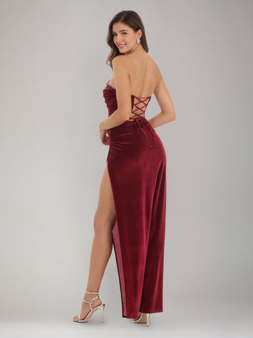 Sheath/Column Velvet Sweetheart Sleeveless Ankle-Length Split Side Evening Dresses