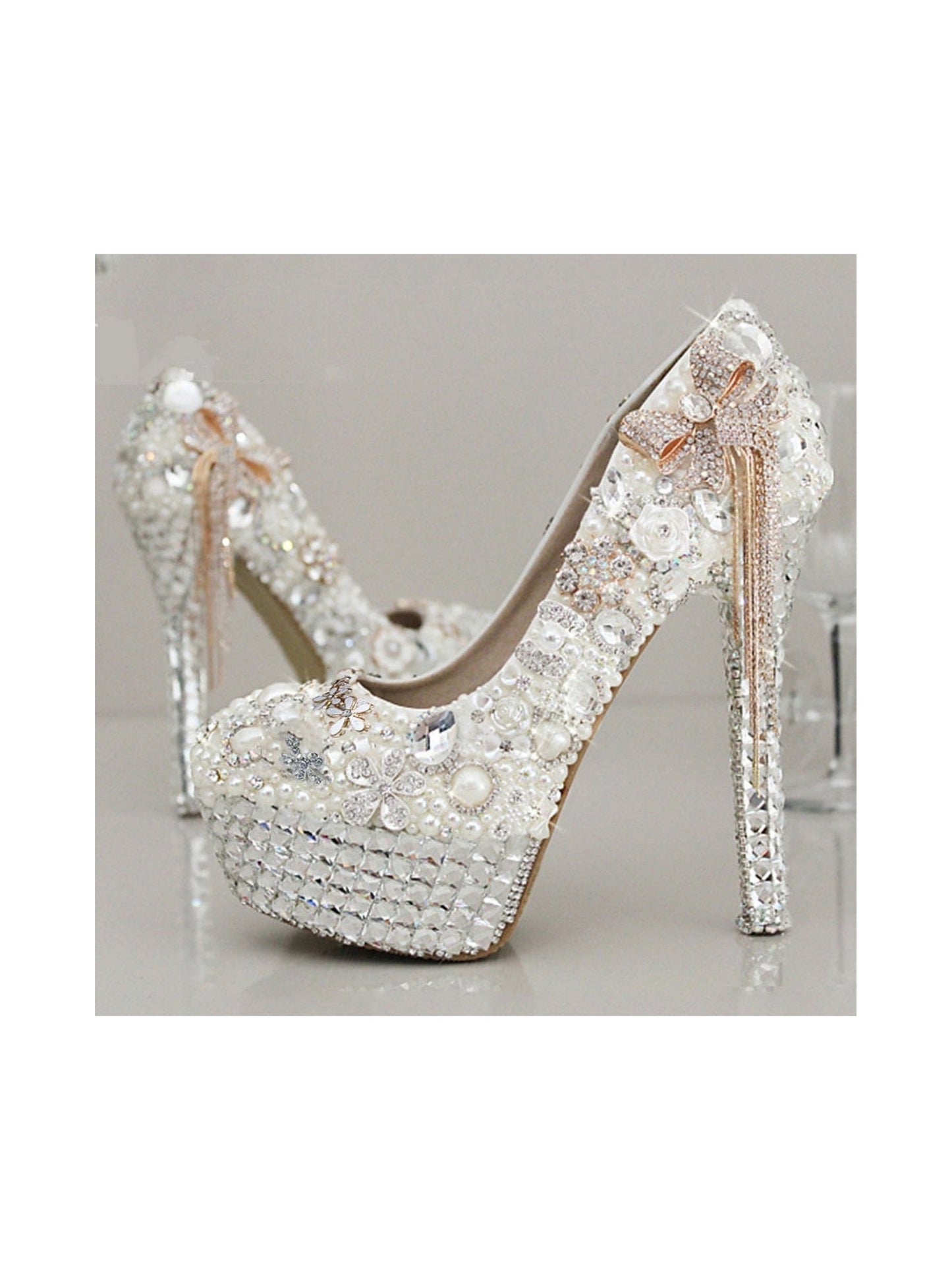 Women's Wedding Shoes Rhinestone Crystal Imitation Pearl Bowknot Tassel Stiletto High Heel Platform Closed Toe Bridal Shoes