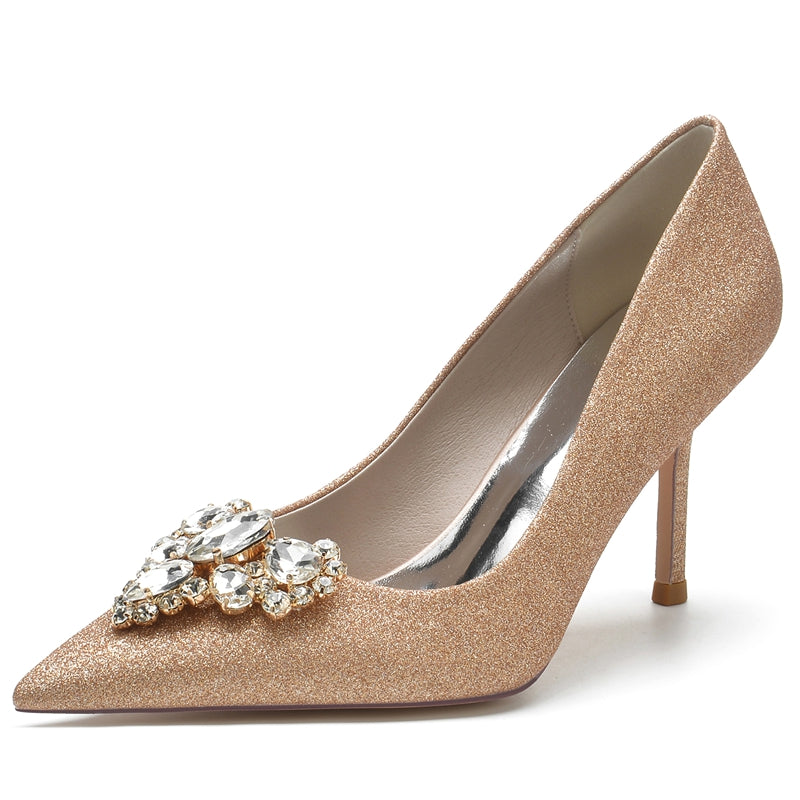 Women's Wedding Shoes Silver Pointed Toe Stiletto Heel Elegant Bridal Shoes with Rhinestone