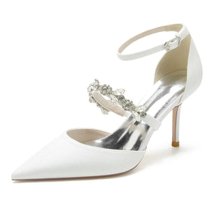 Women's Wedding Shoes Pointed Toe High Heel Elegant Buckle Bridal Shoes with Rhinestone Straps