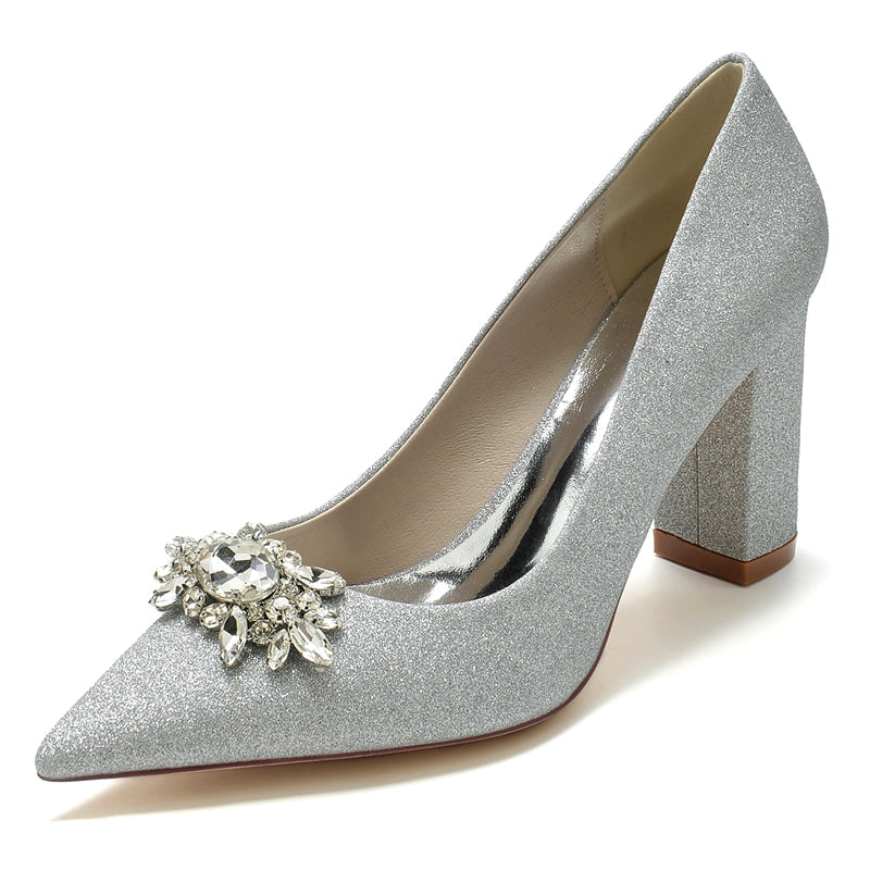 Women's Wedding Shoes Pointed Toe High Heel Sparkling Bridal Shoes with Delicate Rhinestone