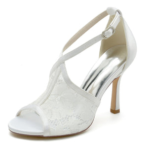 Women's Wedding Shoes Peep Toe Lace Enclosed Heel Buckle Bridal Shoes