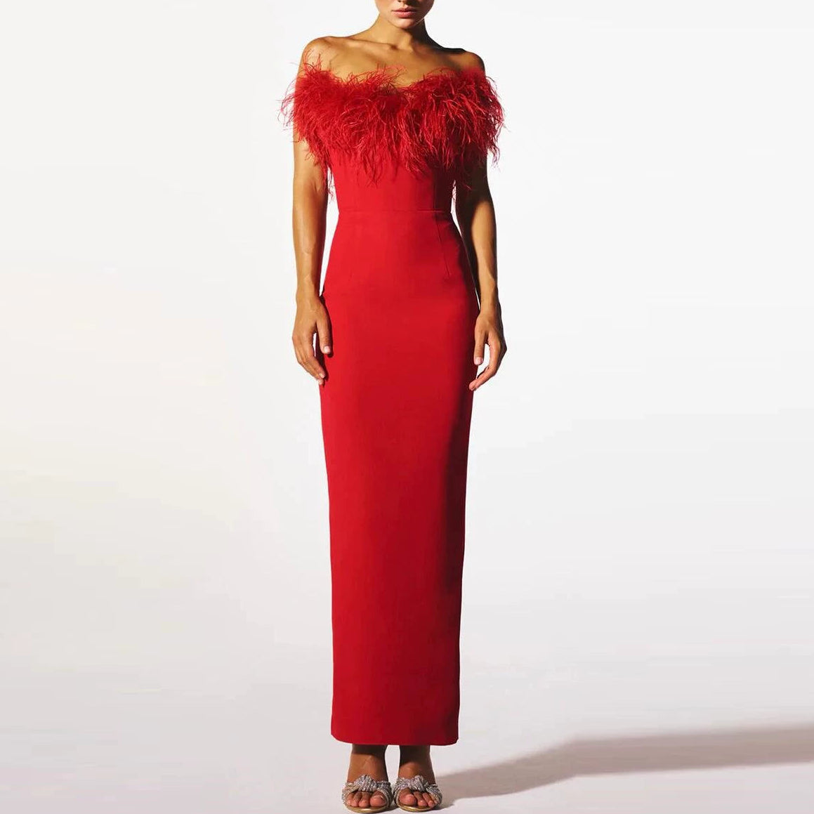 Sheath / Column Evening Dress Cocktail Party Floor Length Off The Shoulder Sleevesless Stretch Crepe with Feather