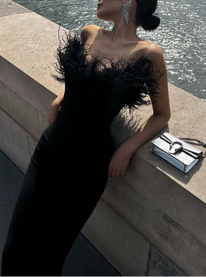 Sheath / Column Evening Dress Cocktail Party Floor Length Off The Shoulder Sleevesless Stretch Crepe with Feather