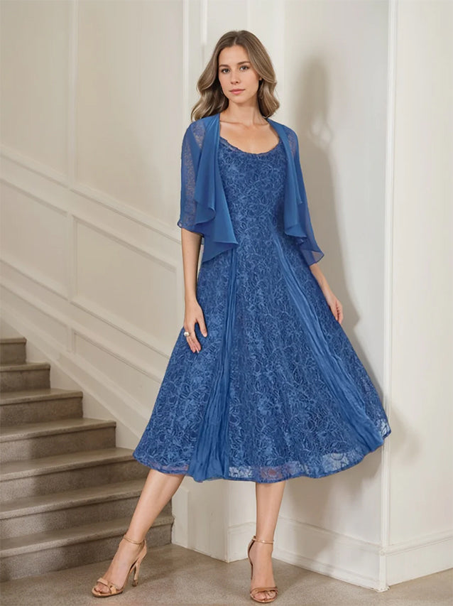 A-Line/Princess Scoop Half Sleeves Tea-Length Mother of the Bride Dresses with Appliques & Jackets