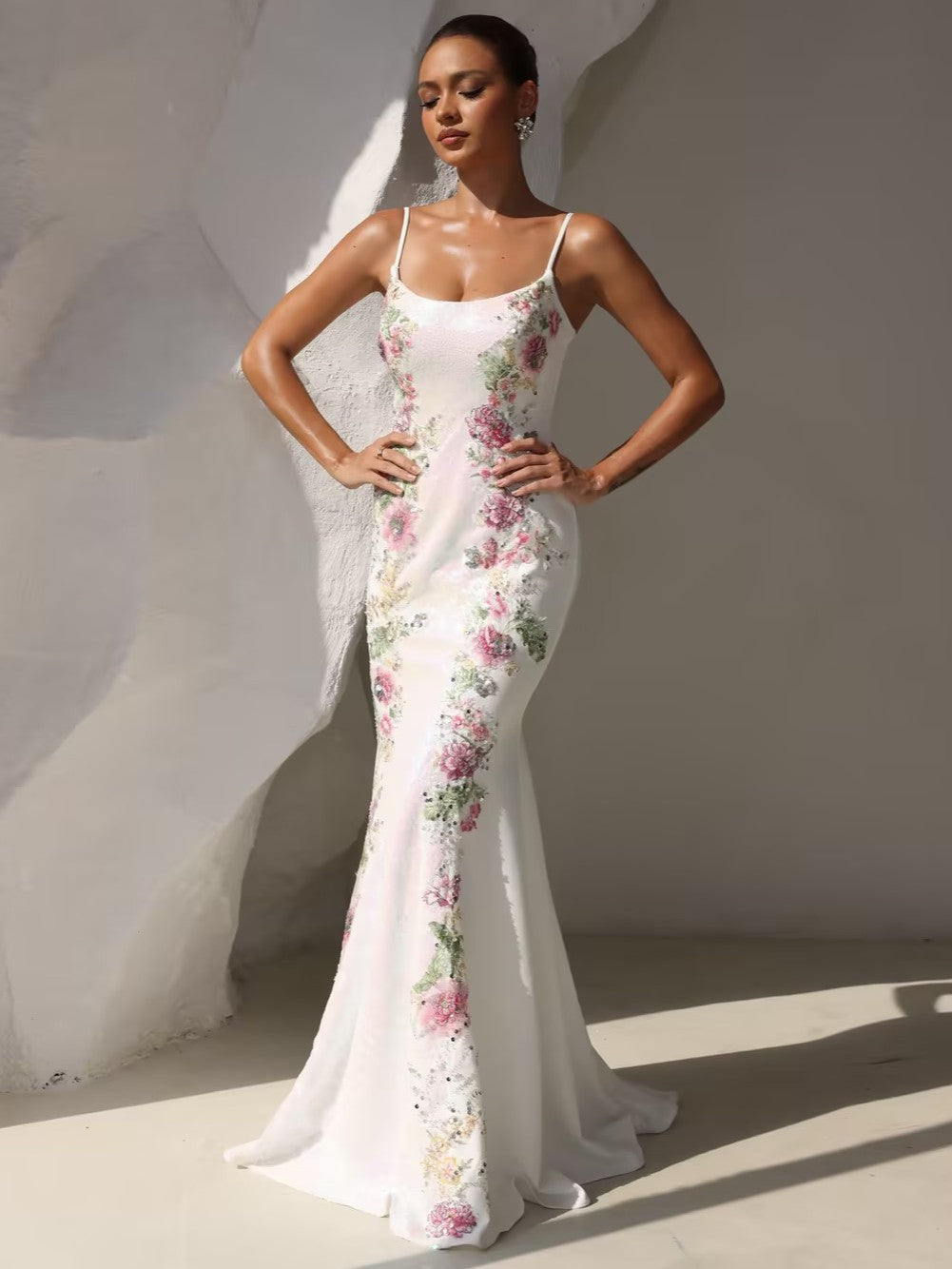 Trumpet/Mermaid Prom Dress Spaghetti Straps Formal Sequins Dresses Floral Floor-Length