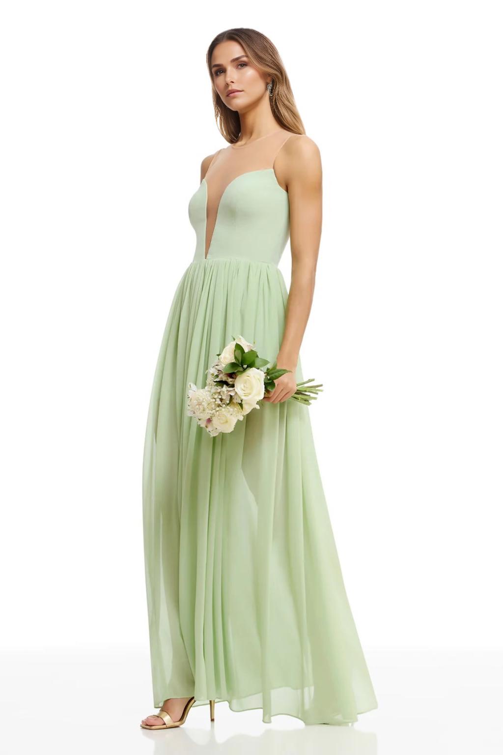A-Line/Princess Chiffon Bridesmaid Dresses Floor-Length Sheer Neck&V-Neck Sleeveless