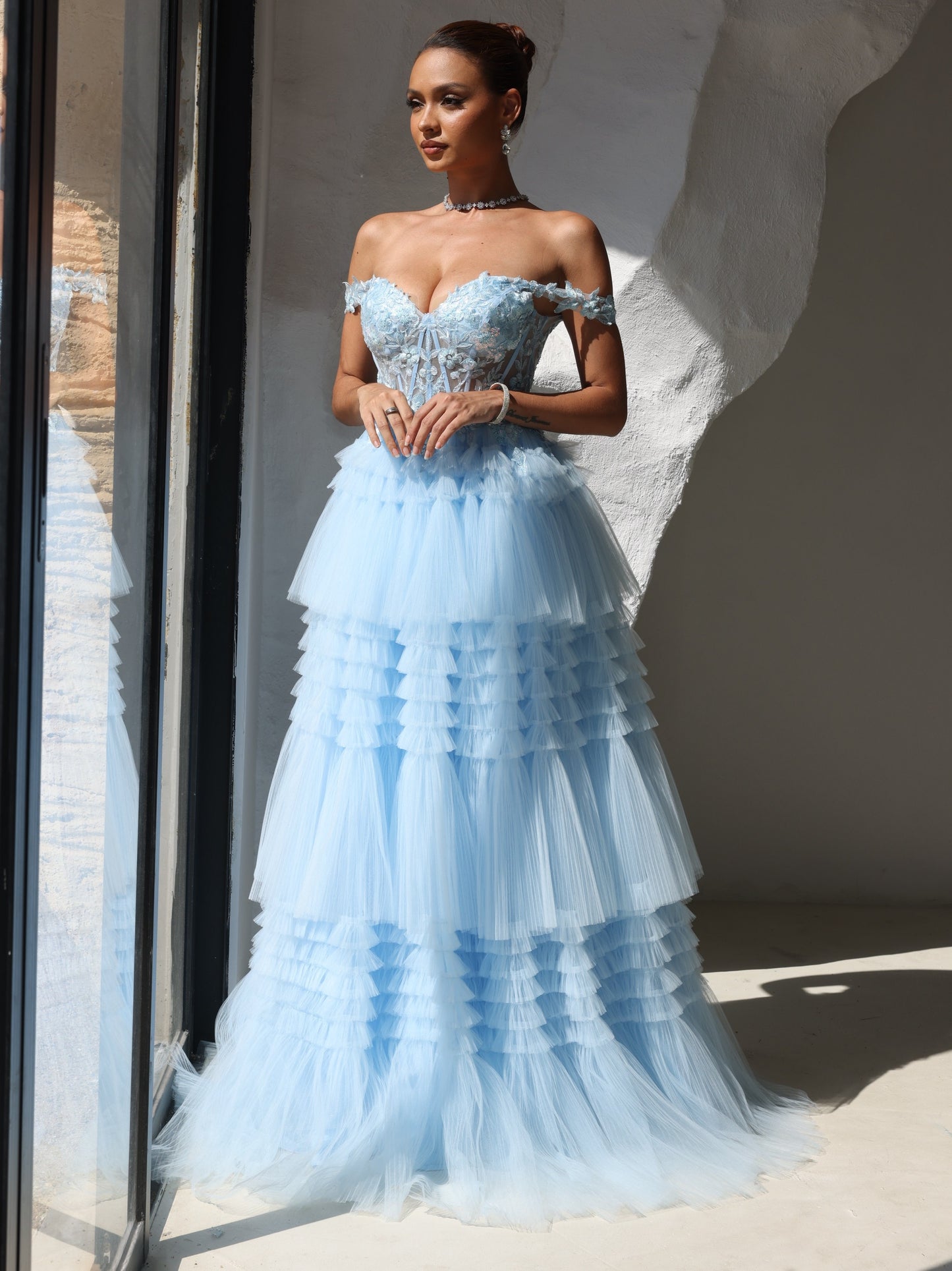 A-Line/Princess Prom Dress Short Sleeves Tulle Layered Formal Gowns Long Dresses With Split Side Appliques