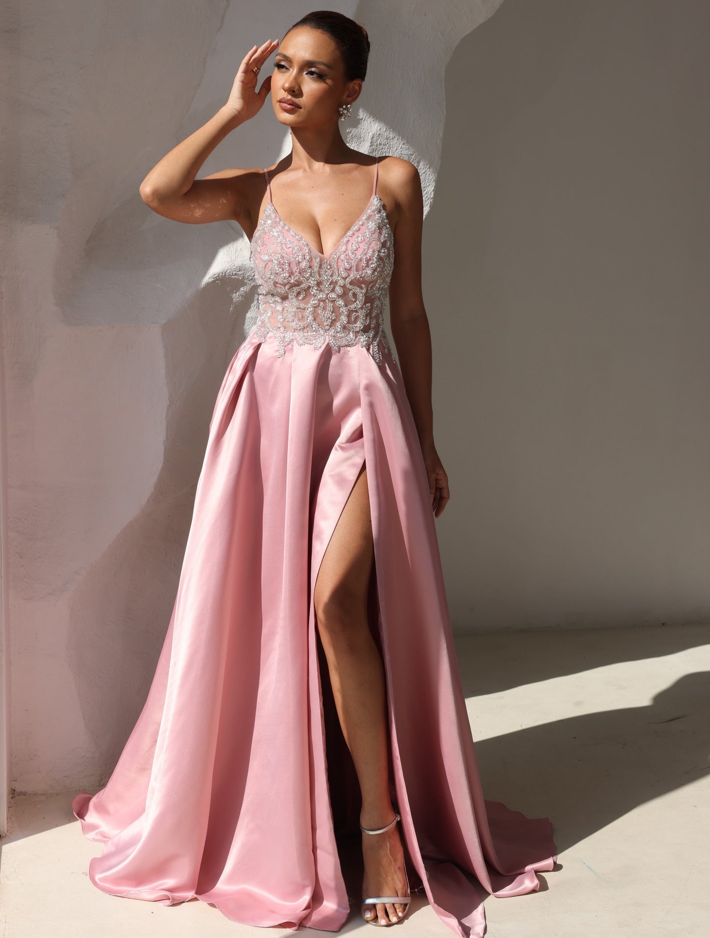 A Line Prom Dress Spaghetti Straps Formal Sequins Dresses Floor Length Satin Side Split Appliques