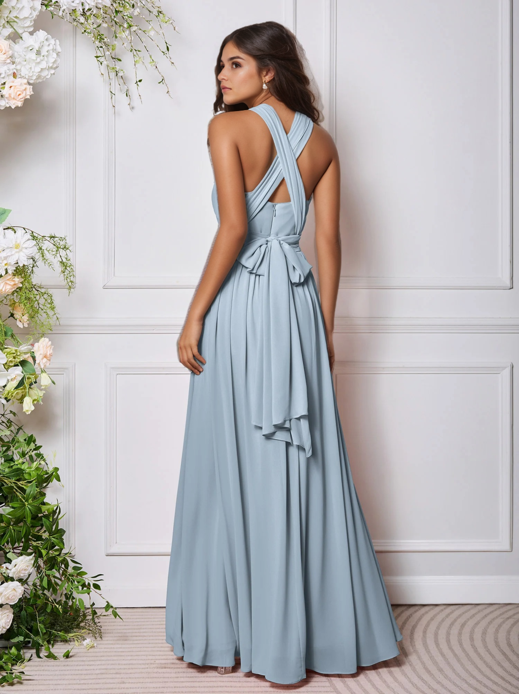 A-Line/Princess Halter Sleeveless Floor-Length Chiffon Bridesmaid Dress