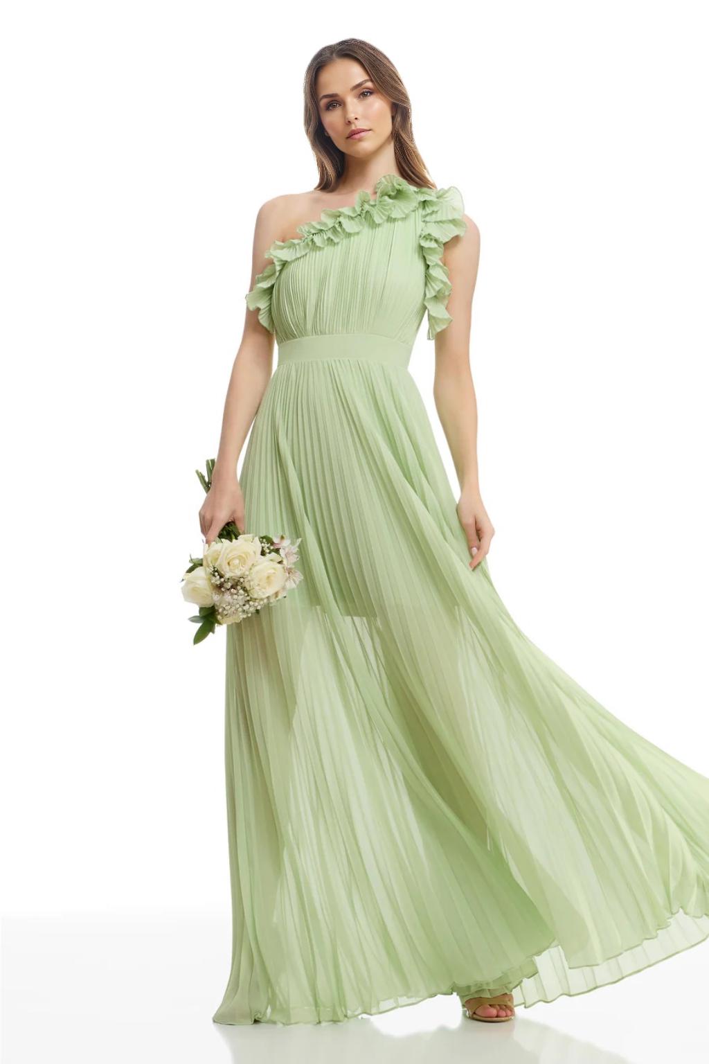 A-Line/Princess Chiffon Bridesmaid Dresses Floor-Length One-Shoulder&Ruffle Sleeveless With Back Zipper