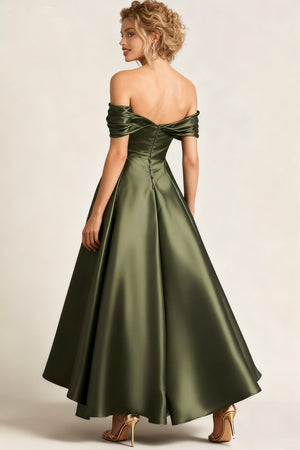 A Line Cocktail Dress Satin Party Dress Ruched Off the Shoulder Ruched Formal Elegant Dress Ankle Length With Pocket