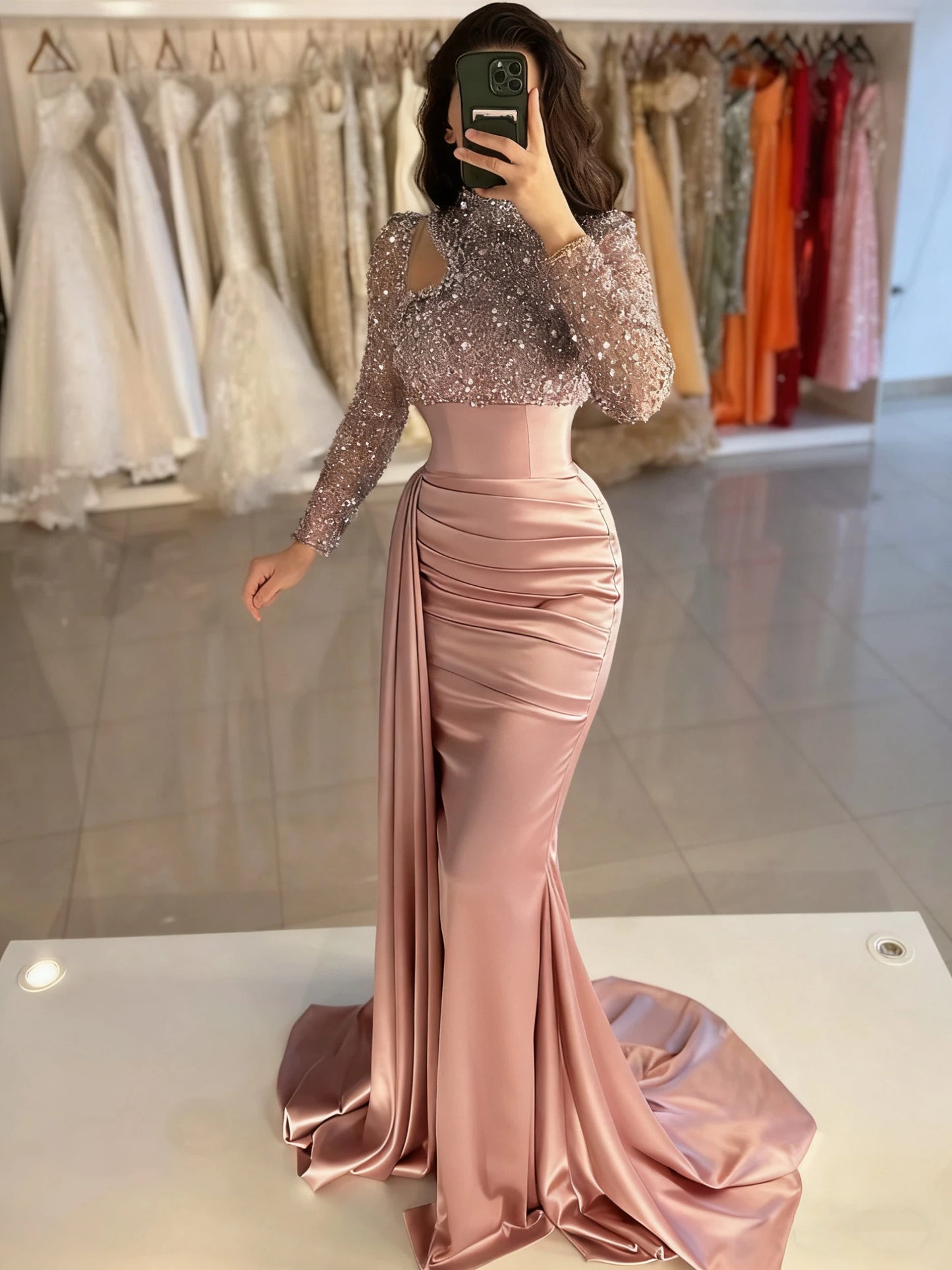 Mermaid Evening Gown Sequin Elegant Dress Formal Sweep / Brush Train Long Sleeve High Neck Satin with Pearls Masquerade Dress