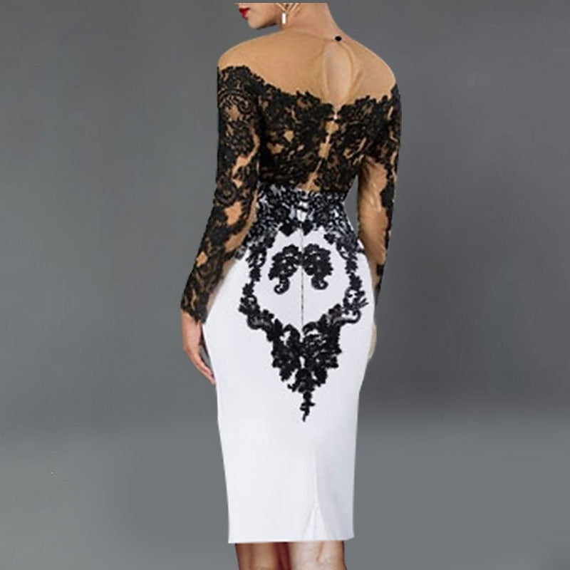 Sheath/Column Mother Of The Bride Dresses Elegant Cocktail Dress Color Block Kentucky Tea Length Long Sleeve Off Shoulder Stretch Fabric with Appliques