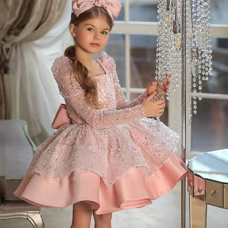 Ball-Gown Flower Girl Dress Square Neck Long Sleeves Knee-Length Satin Party/Birthday Elegant Princess Dresses With Bowknot/Sequin