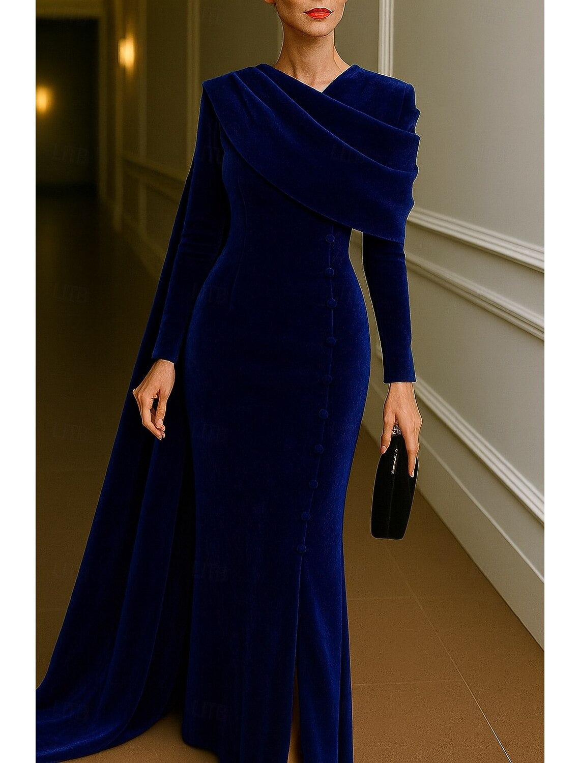 Sheath/Column Evening Gown Elegant Dress Formal Wedding Floor Length Long Sleeve Stand Collar Velvet with Pleats
