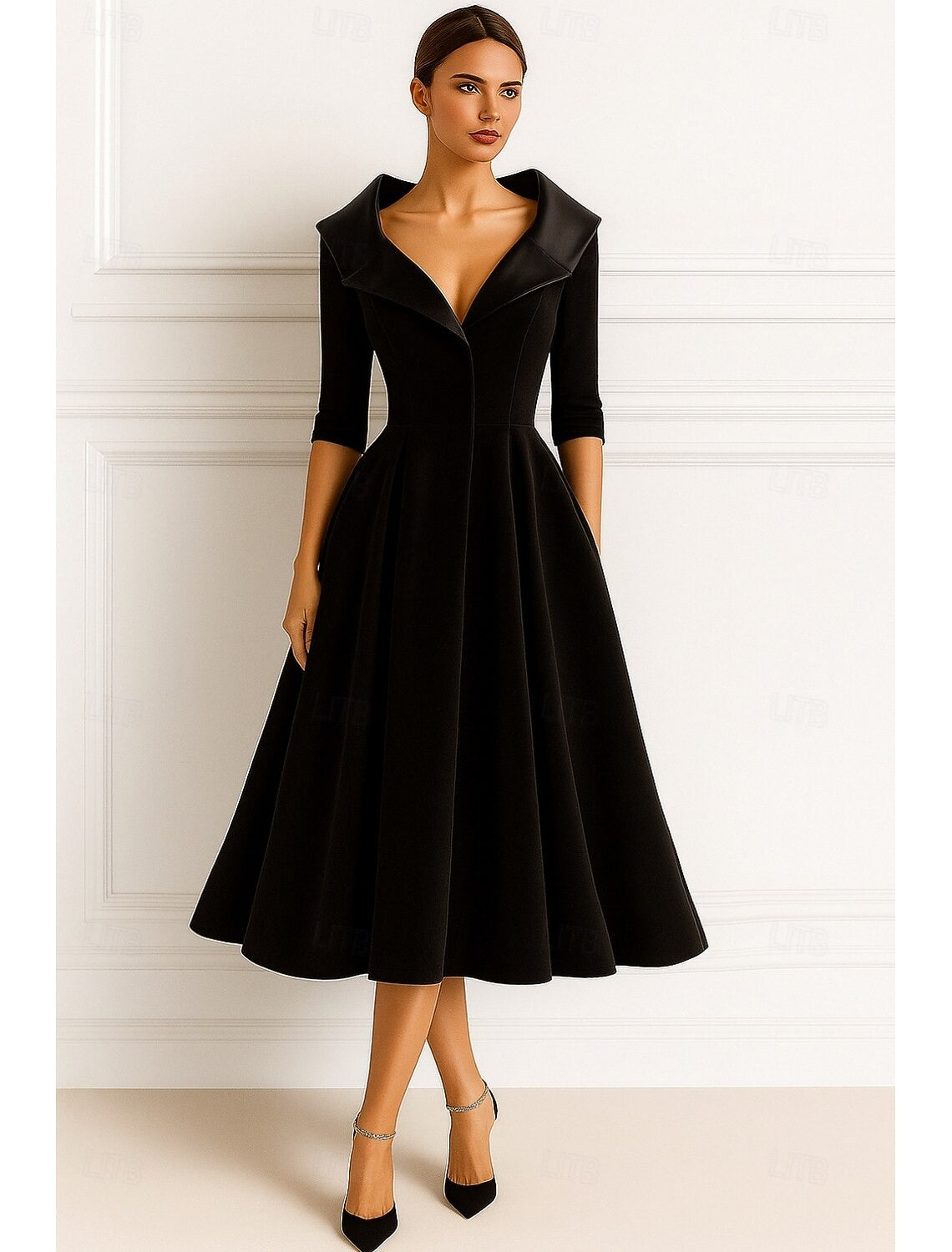 A Line Mother Of The Bride Dress Velvet Formal Dress Long Sleeves Elegant Tea Length Christmas Shirt Collar With Pocket