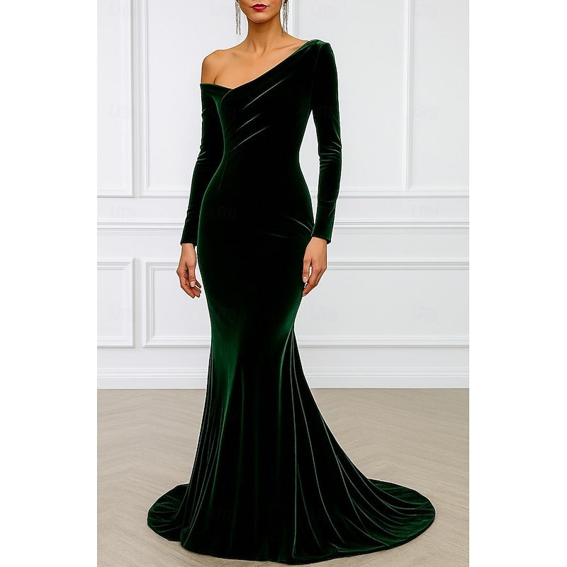 A Line Evening Dress Velvet Formal Black Tie Long Sleeves Elegant Floor Length Christmas Off Shoulder Ruched