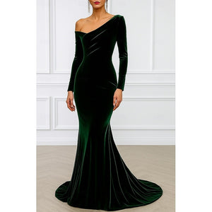 A Line Evening Dress Velvet Formal Black Tie Long Sleeves Elegant Floor Length Christmas Off Shoulder Ruched