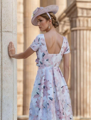 A-Line Mother of the Bride Dress Asymmetrical Ankle Length Floral Cocktail Dress Short Sleeve Bateau Neck Elegant Formal