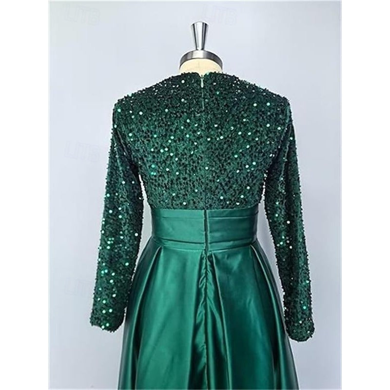 A-Line Sequin Formal Christmas Green Dress Elegant Evening Gown Floor Length Long Sleeve High Neck Fall Wedding Guest Party Mother Of The Bride Dresses